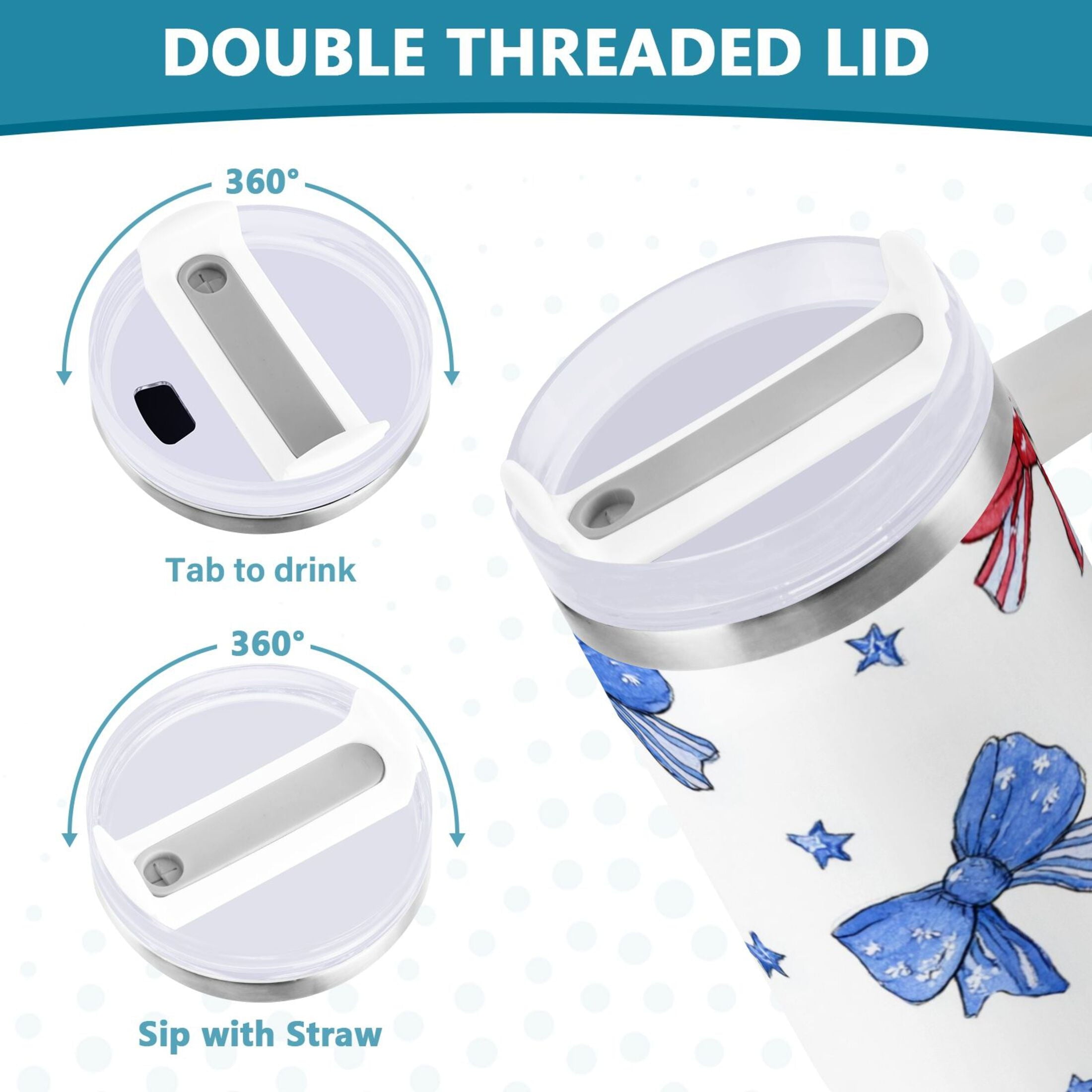 40 oz Insulated Stainless Steel Tumbler Double Wall Stainless Steel Tumbler with 2-Way Drinking Hand-drawn Bows - RTPG