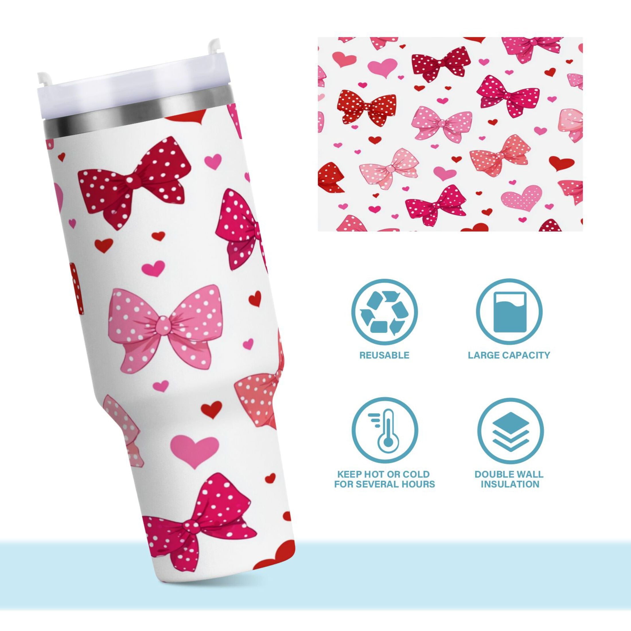 30 oz Insulated Stainless Steel Tumbler Double Wall Stainless Steel Tumbler with 2-Way Drinking Red and Pink Bows - EJXV