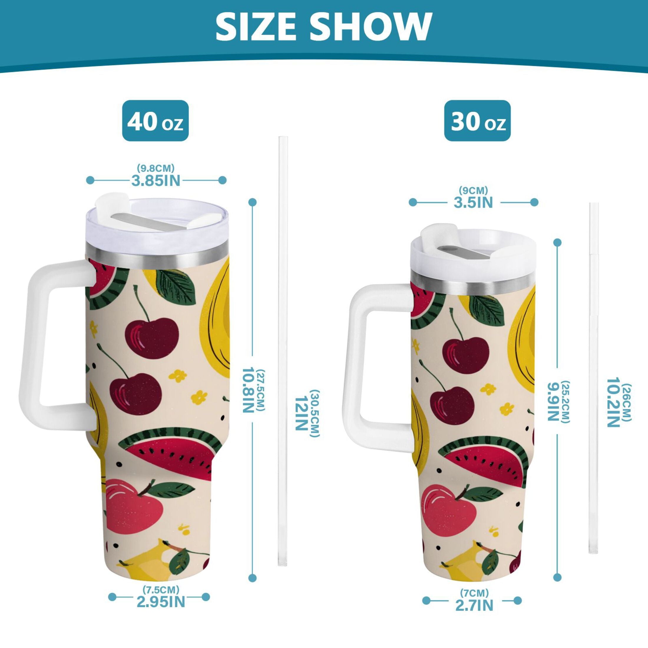 30 oz Insulated Stainless Steel Tumbler Double Wall Stainless Steel Tumbler with 2-Way Drinking Watermelon and Cherries - WK97