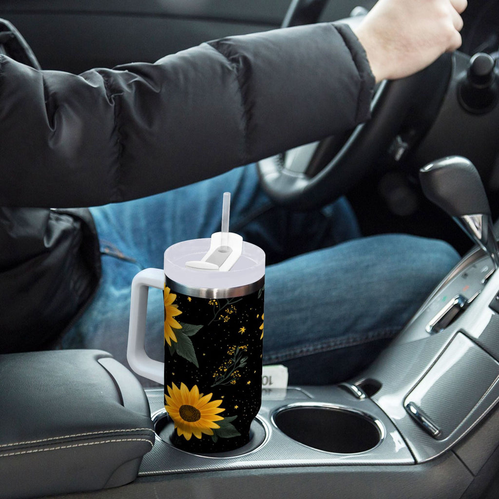 30 oz Insulated Stainless Steel Tumbler Double Wall Stainless Steel Tumbler with 2-Way Drinking Yellow Sunflower Pattern - SSJR
