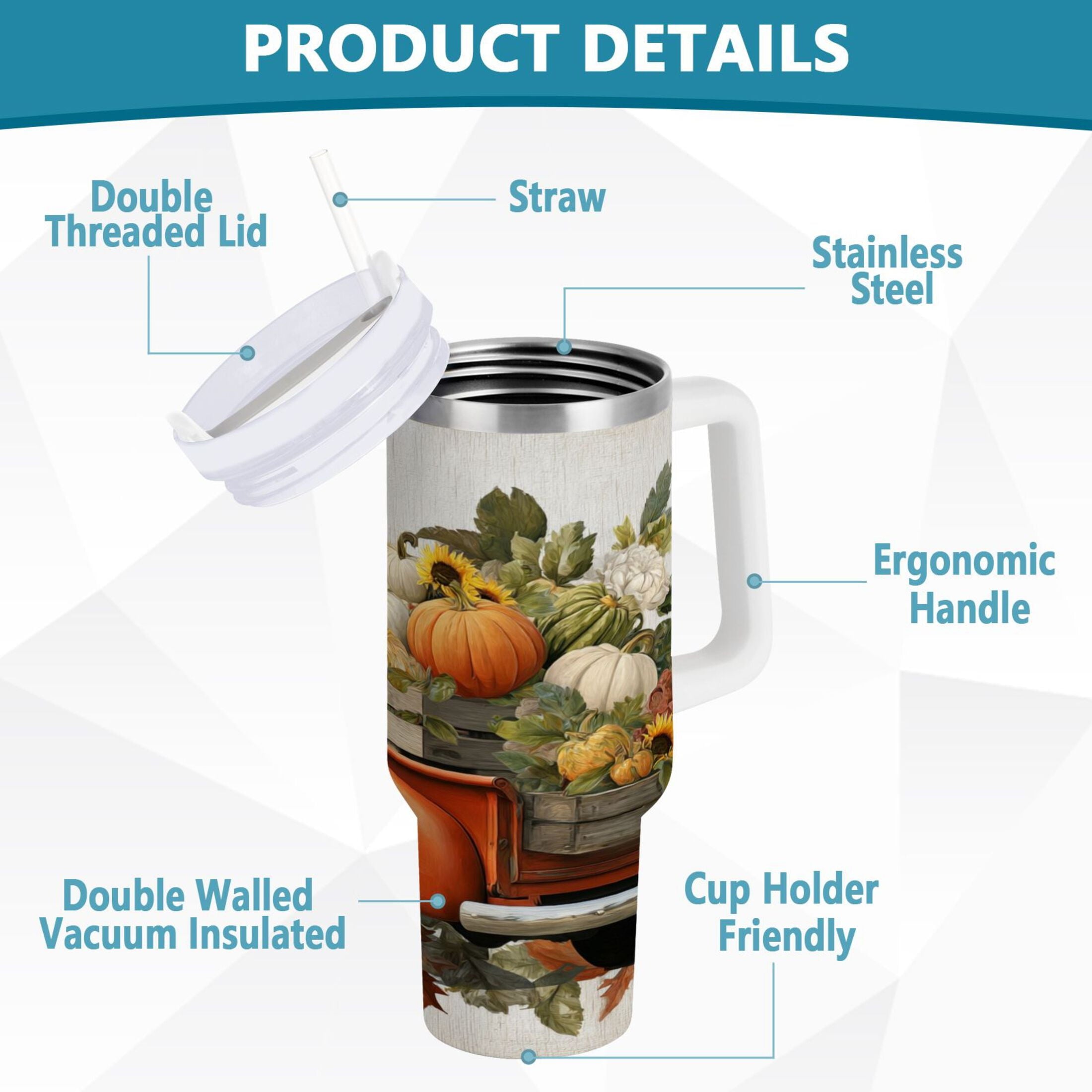 40 oz Insulated Stainless Steel Tumbler Double Wall Stainless Steel Tumbler with 2-Way Drinking Truck Full Of Pumpkins - 5EM8
