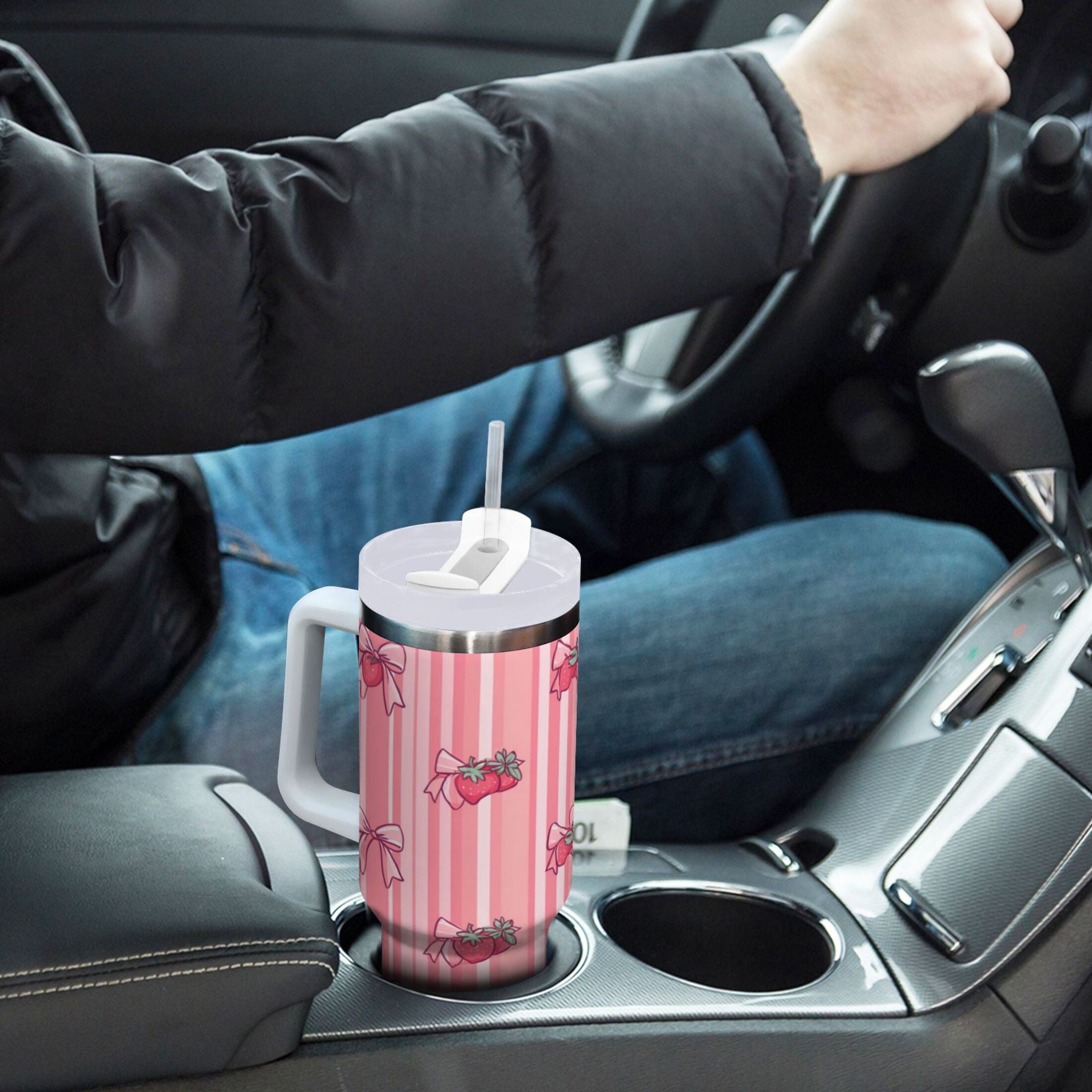 30 oz Insulated Stainless Steel Tumbler Double Wall Stainless Steel Tumbler with 2-Way Drinking Pink Bows and Strawberries - KG8N