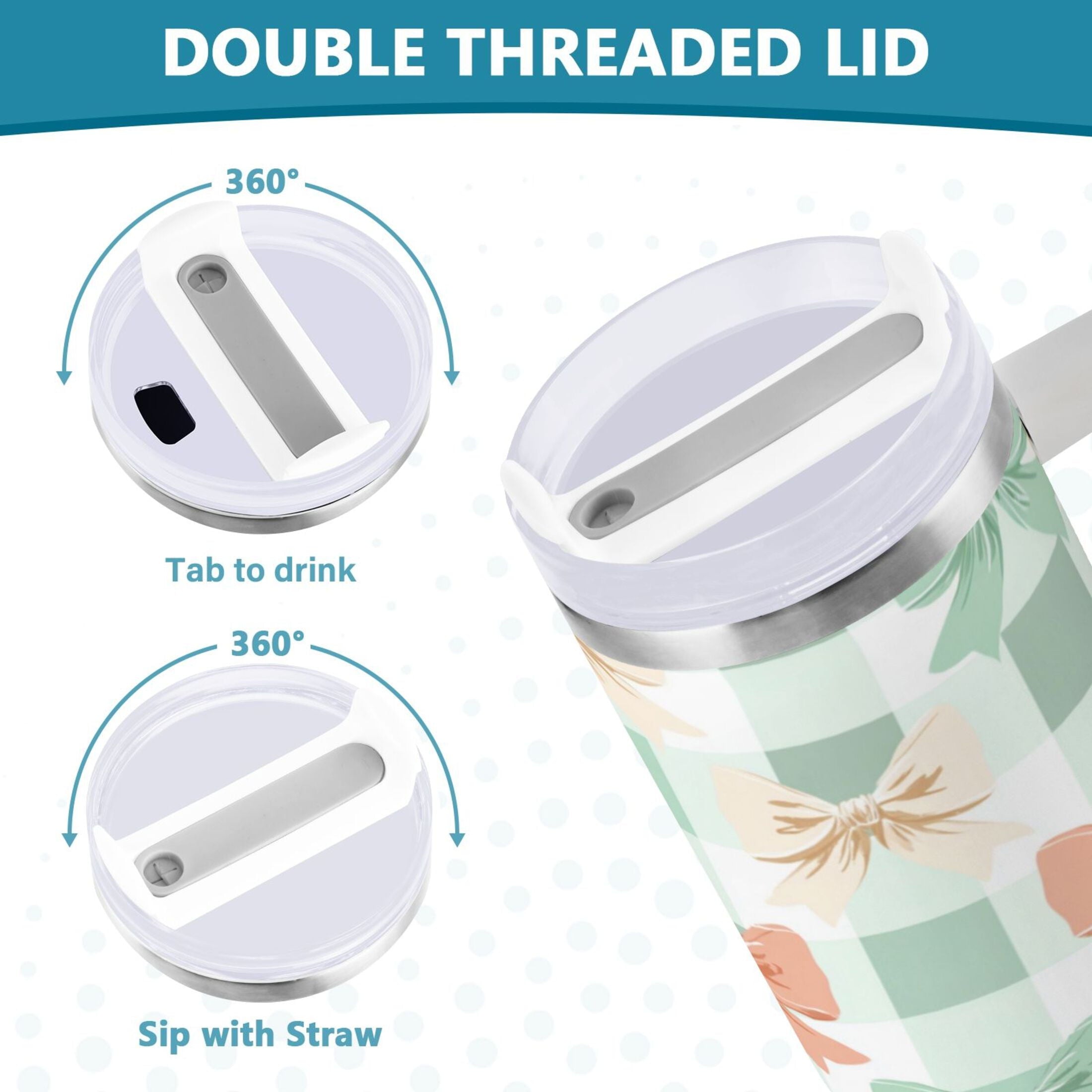 40 oz Insulated Stainless Steel Tumbler Double Wall Stainless Steel Tumbler with 2-Way Drinking Green and Peach Bow Pattern - WAL9