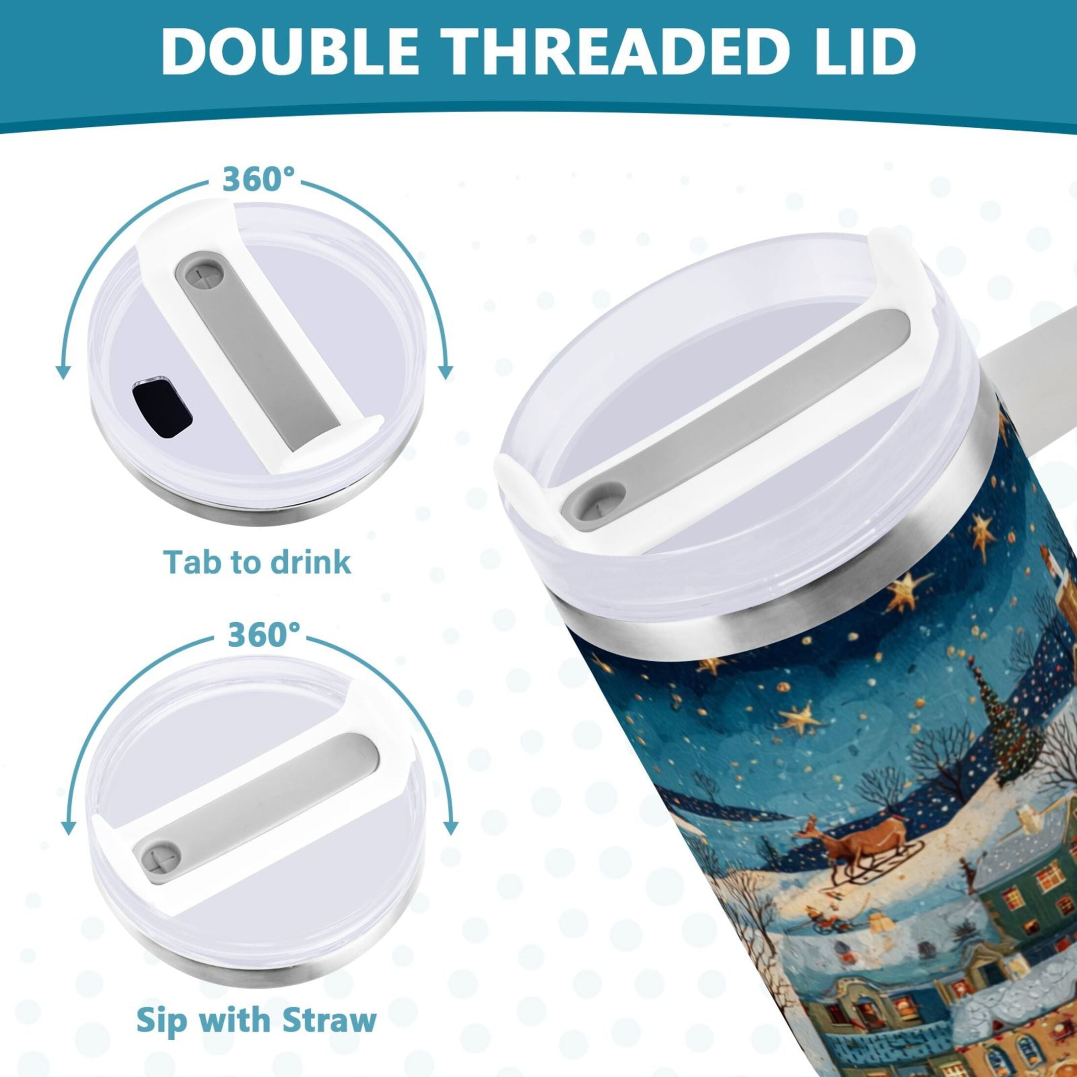 30 oz Insulated Stainless Steel Tumbler Double Wall Stainless Steel Tumbler with 2-Way Drinking Whimsical Christmas Scene - JRE3