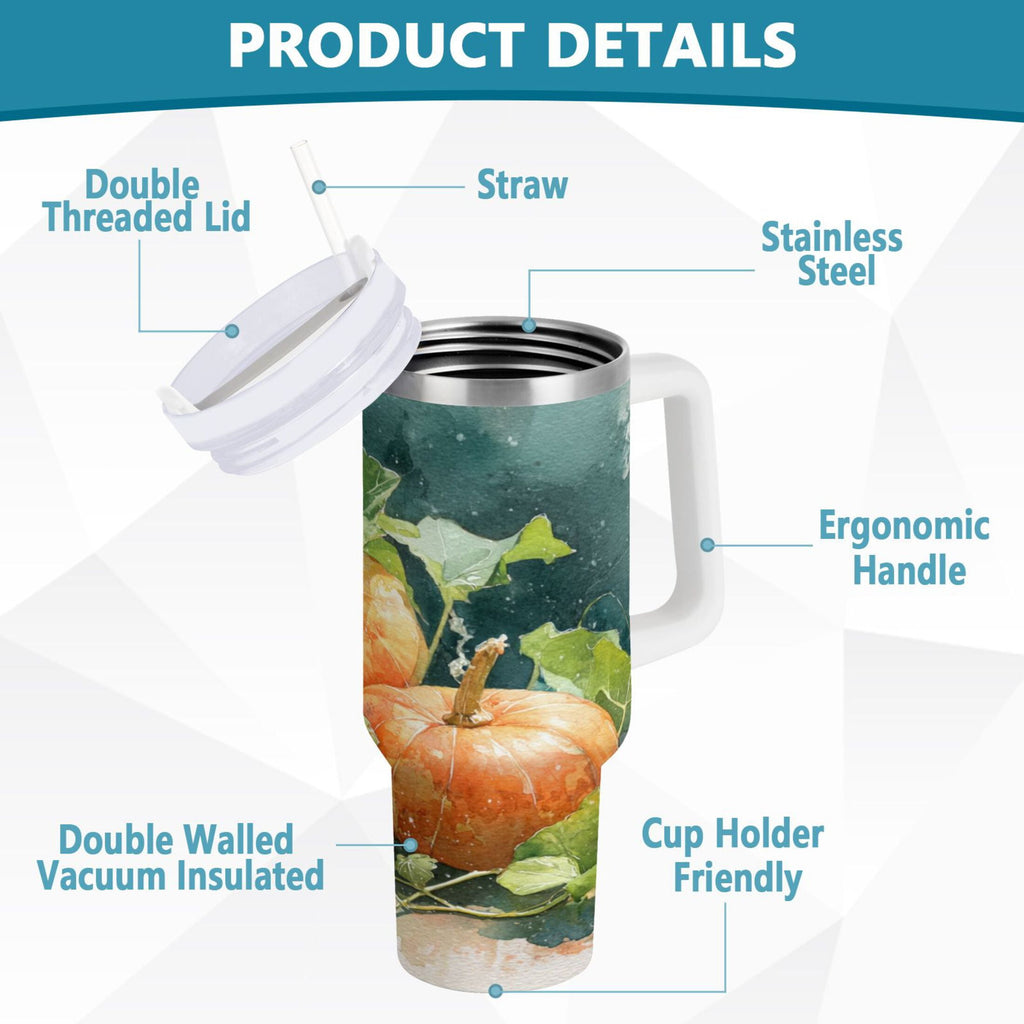 40 oz Insulated Stainless Steel Tumbler Double Wall Stainless Steel Tumbler with 2-Way Drinking Orange and White Pumpkins - DEDT