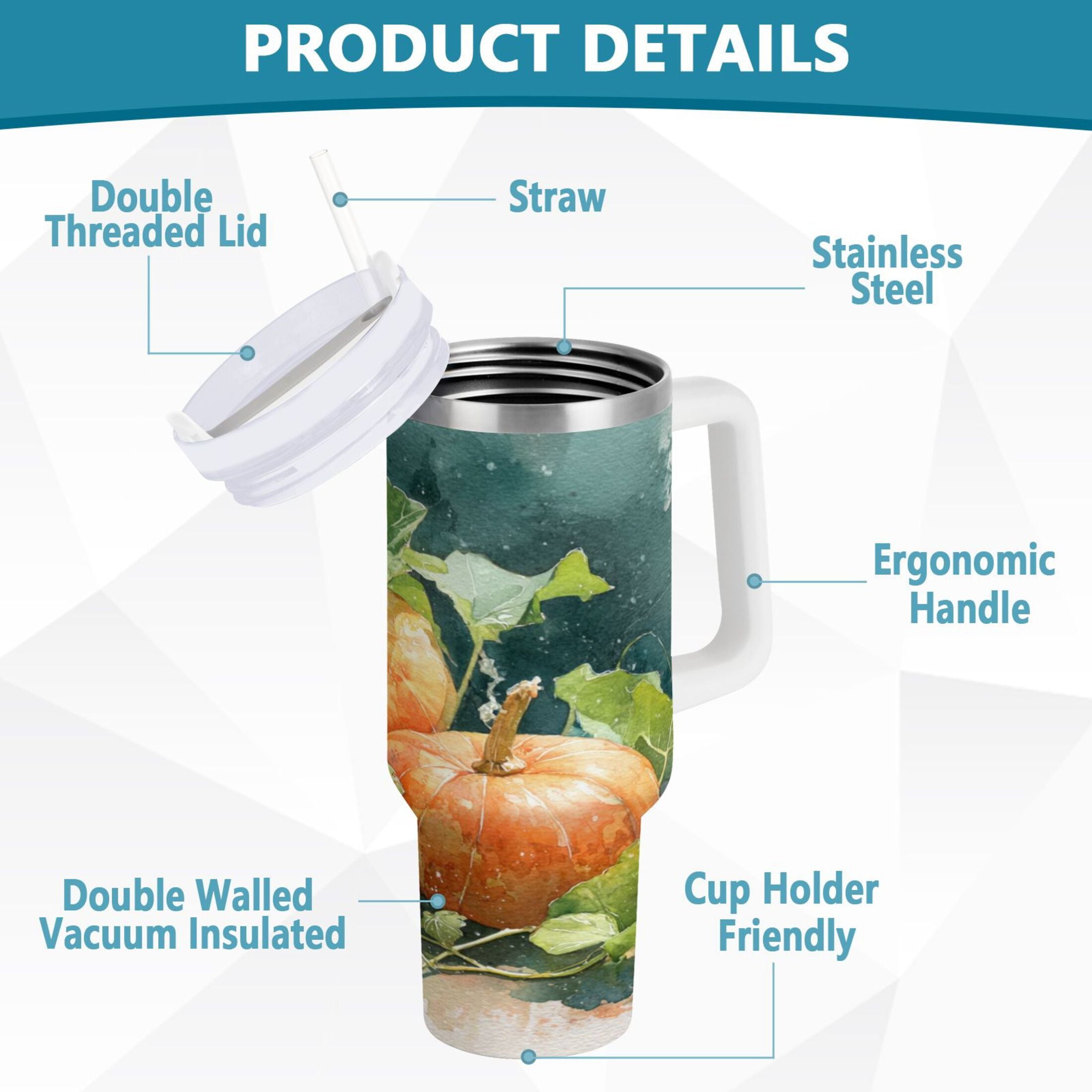 40 oz Insulated Stainless Steel Tumbler Double Wall Stainless Steel Tumbler with 2-Way Drinking Orange and White Pumpkins - DEDT