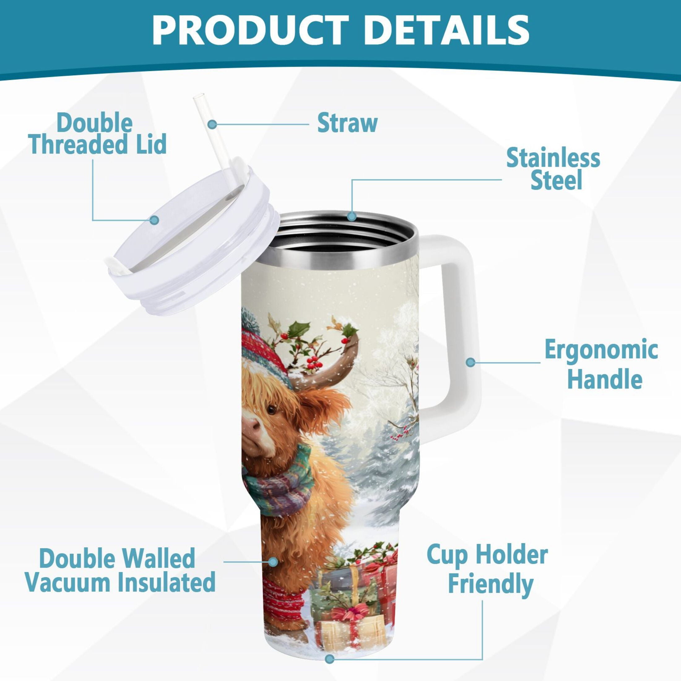 30 oz Insulated Stainless Steel Tumbler Double Wall Stainless Steel Tumbler with 2-Way Drinking Cow Wearing Christmas Hat - BCCC