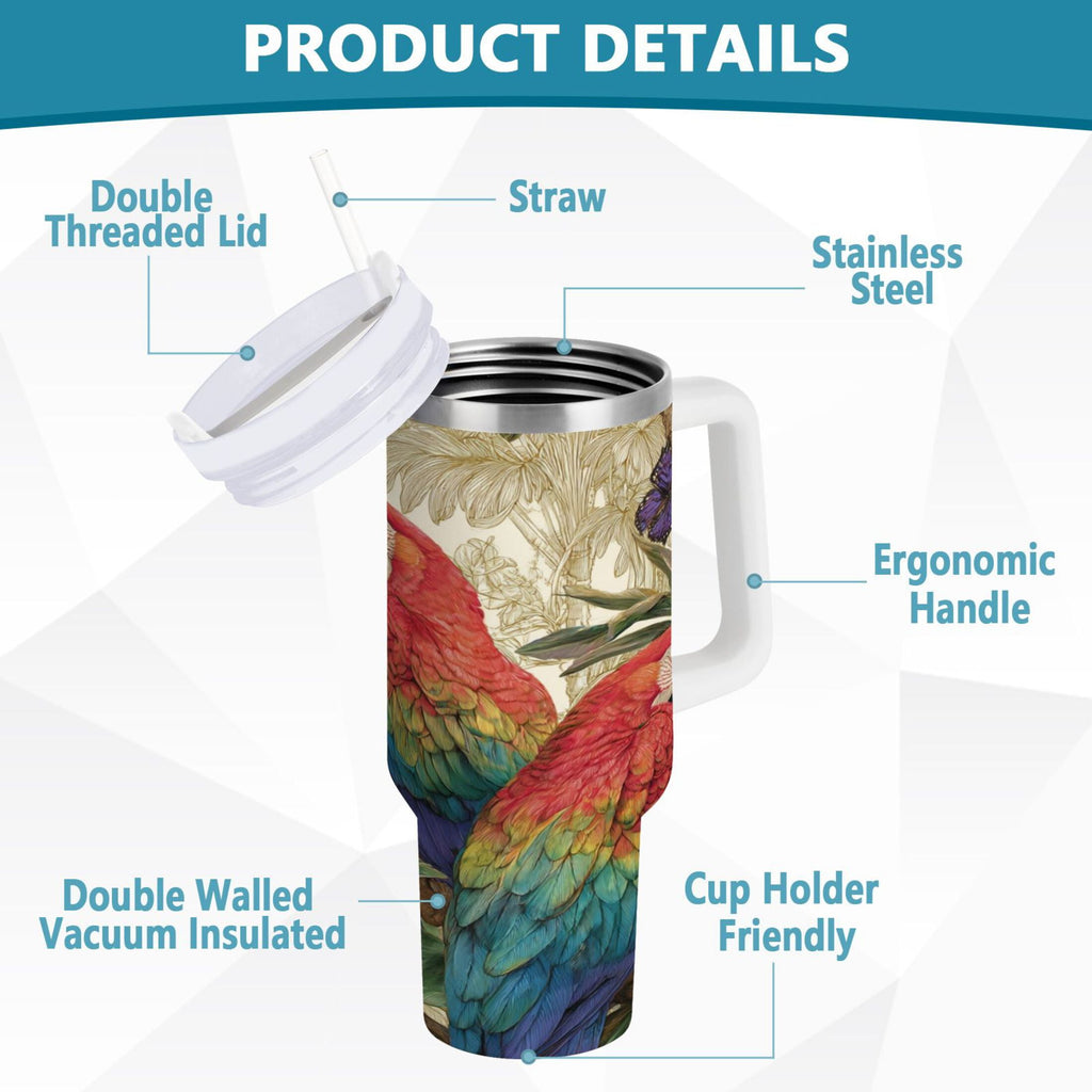 30 oz Insulated Stainless Steel Tumbler Double Wall Stainless Steel Tumbler with 2-Way Drinking Colorful Beautiful Parrots - BFBR