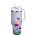 30 oz Insulated Stainless Steel Tumbler Double Wall Stainless Steel Tumbler with 2-Way Drinking Watercolor Tulips and Lavender - DE79