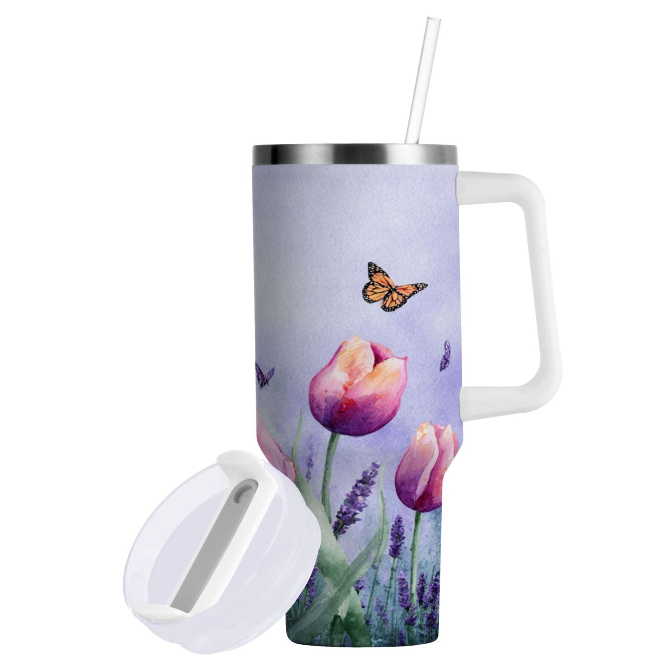 30 oz Insulated Stainless Steel Tumbler Double Wall Stainless Steel Tumbler with 2-Way Drinking Watercolor Tulips and Lavender - DE79