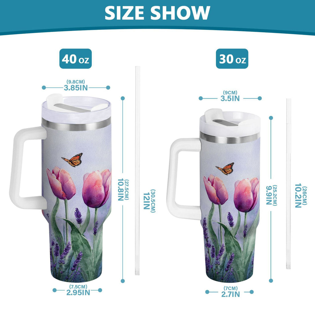 30 oz Insulated Stainless Steel Tumbler Double Wall Stainless Steel Tumbler with 2-Way Drinking Watercolor Tulips and Lavender - DE79
