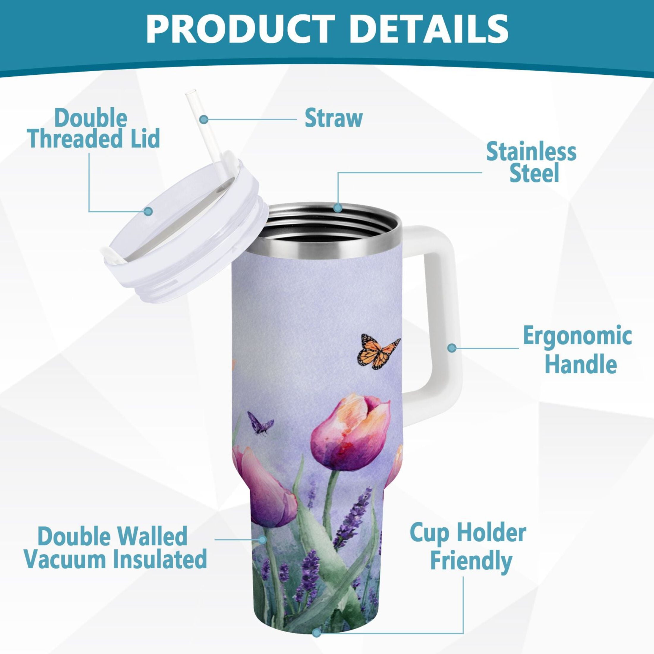 30 oz Insulated Stainless Steel Tumbler Double Wall Stainless Steel Tumbler with 2-Way Drinking Watercolor Tulips and Lavender - DE79