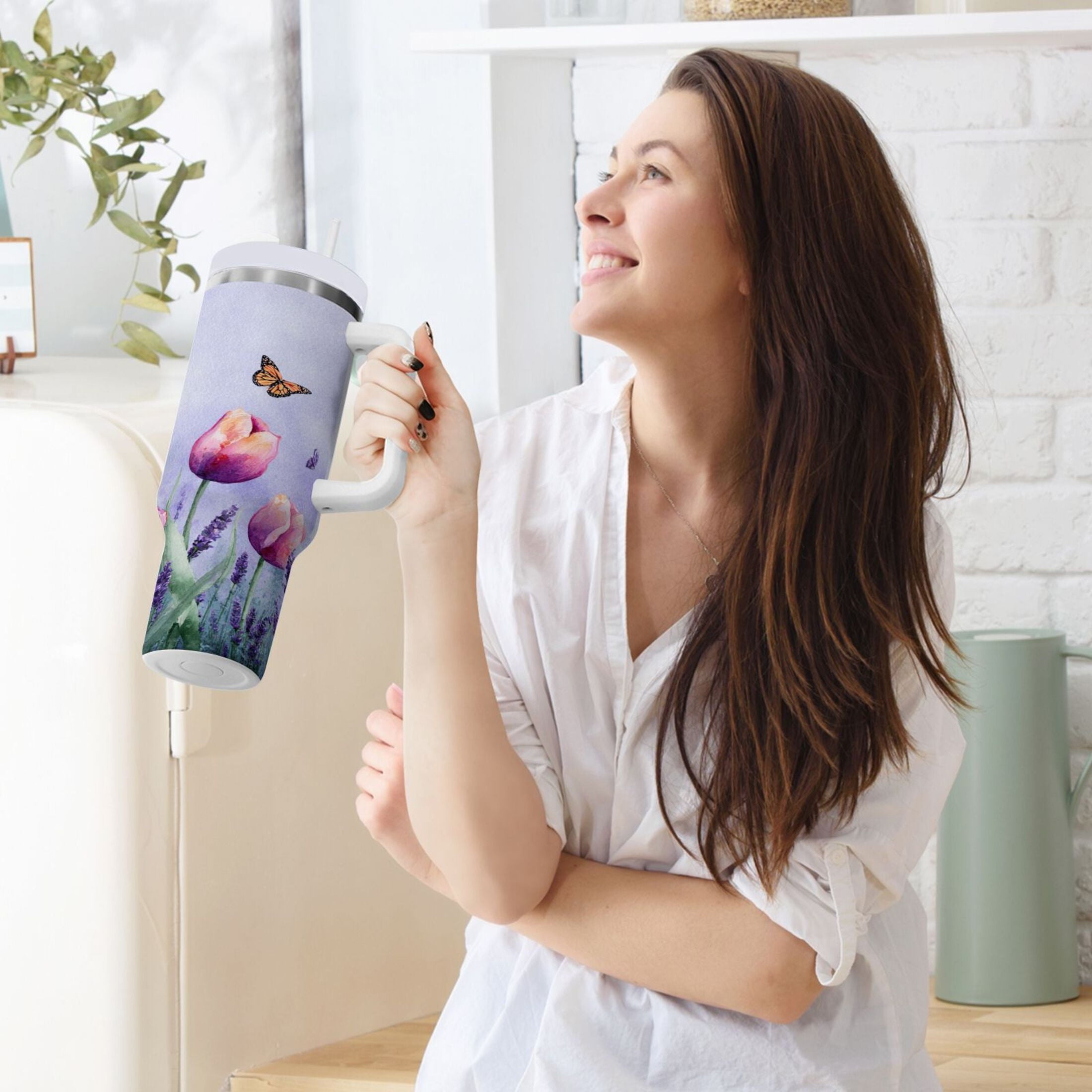 30 oz Insulated Stainless Steel Tumbler Double Wall Stainless Steel Tumbler with 2-Way Drinking Watercolor Tulips and Lavender - DE79