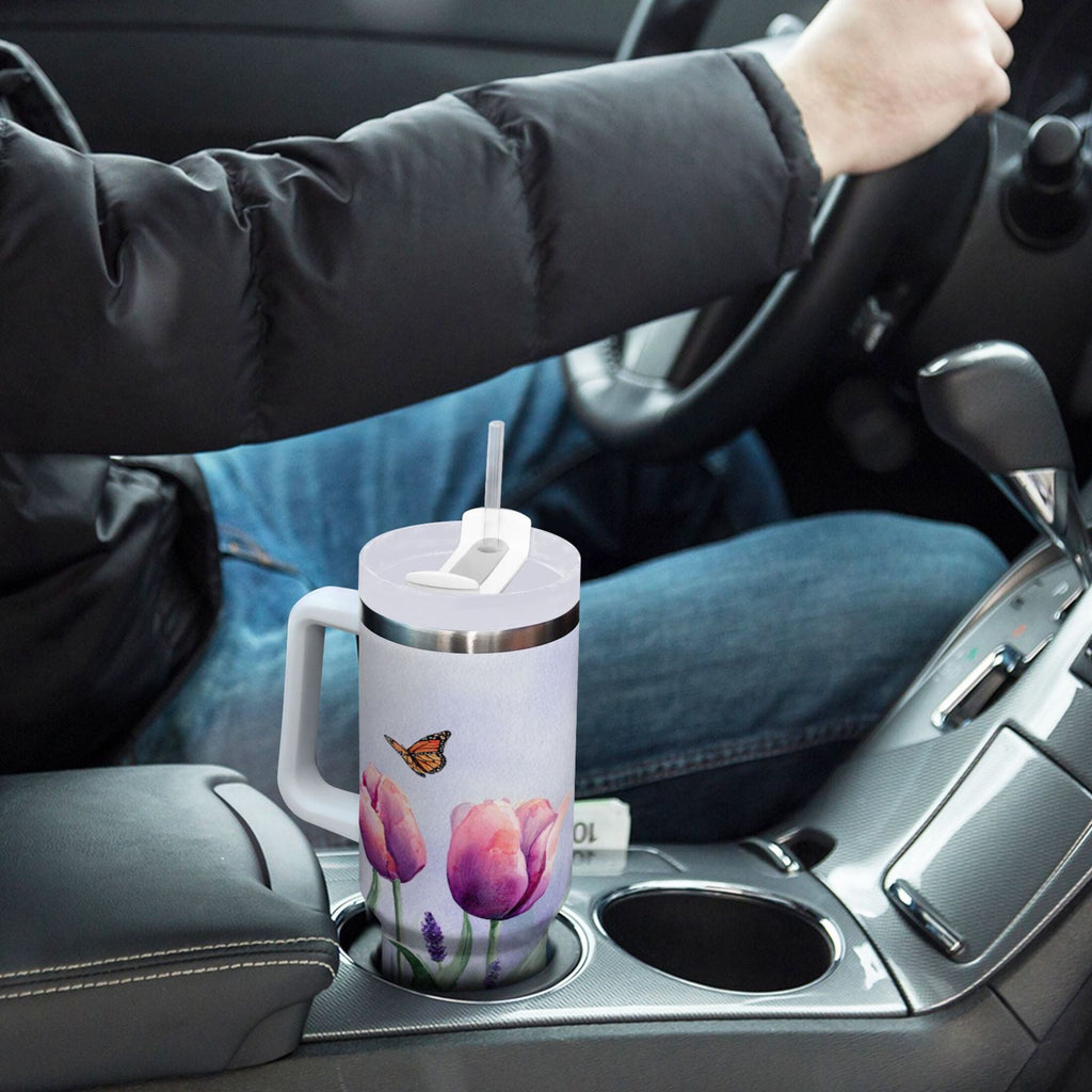 30 oz Insulated Stainless Steel Tumbler Double Wall Stainless Steel Tumbler with 2-Way Drinking Watercolor Tulips and Lavender - DE79