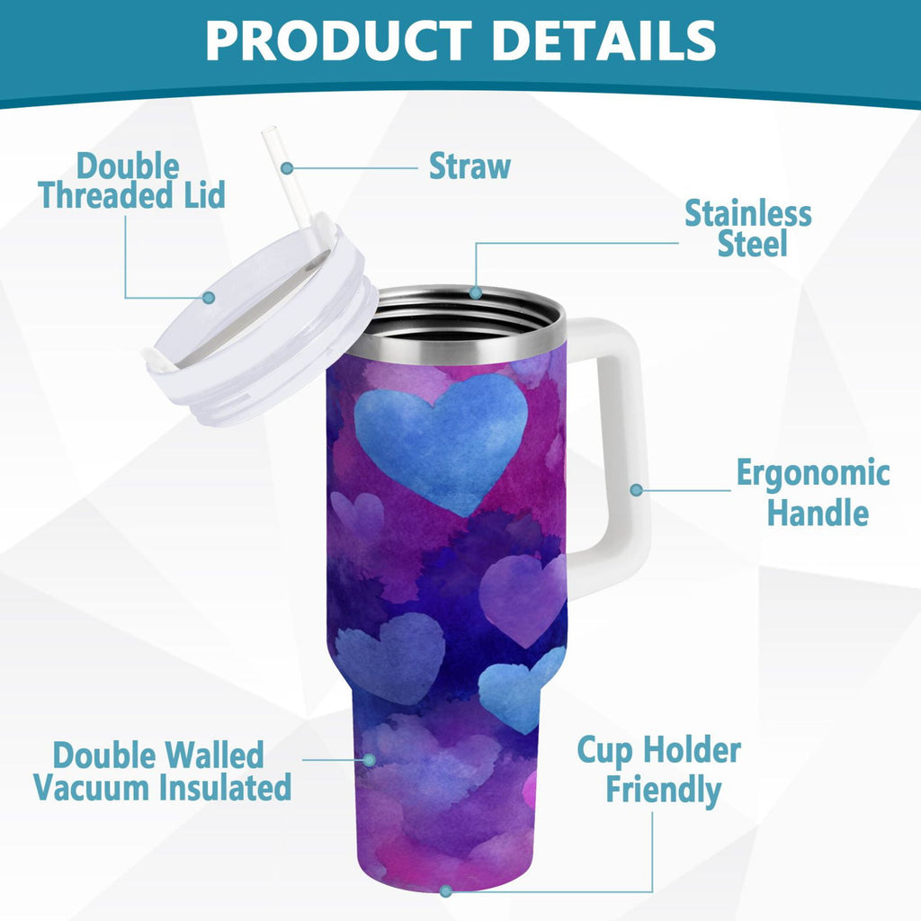 30 oz Insulated Stainless Steel Tumbler Double Wall Stainless Steel Tumbler with 2-Way Drinking Indigo and Violet Hearts - 25GG