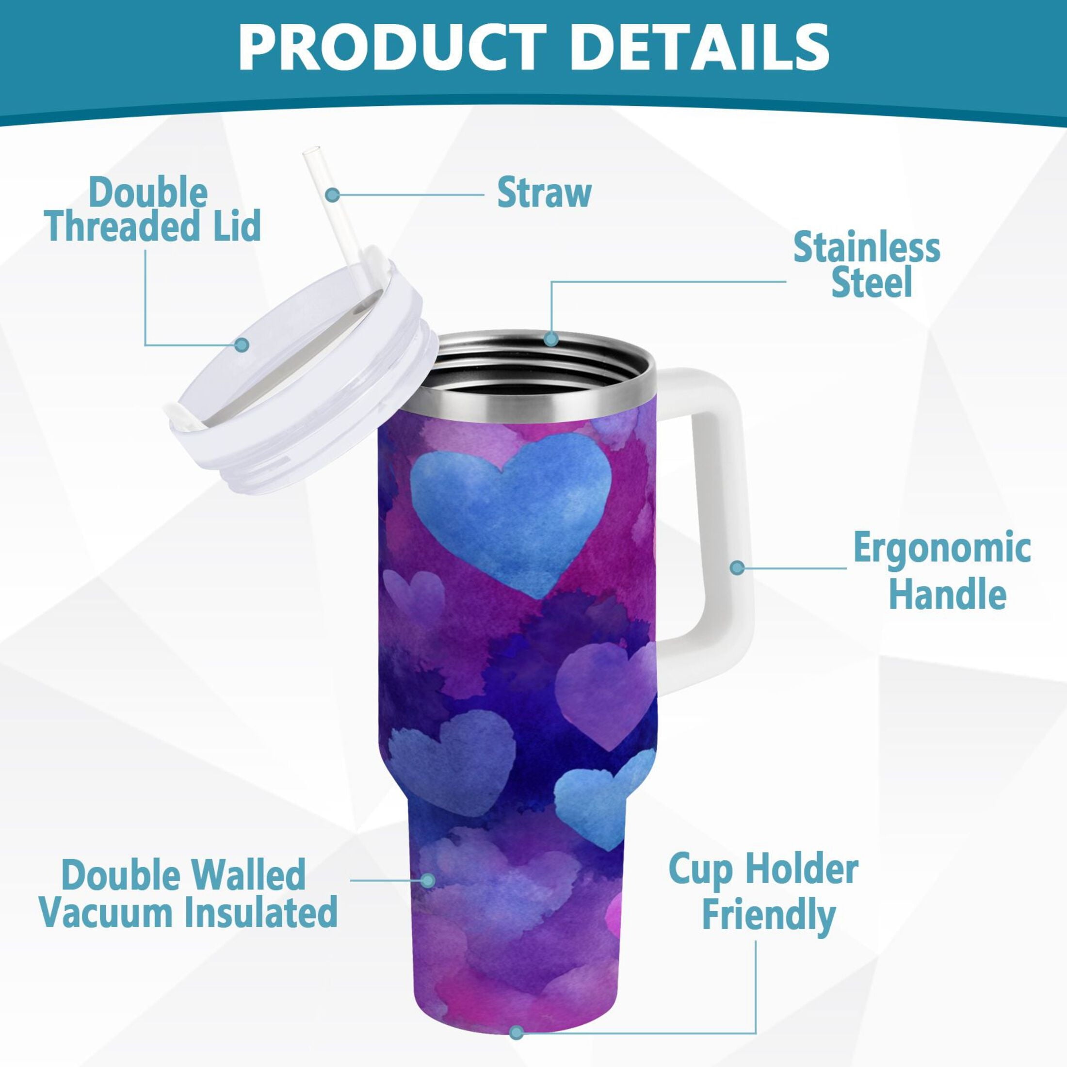 30 oz Insulated Stainless Steel Tumbler Double Wall Stainless Steel Tumbler with 2-Way Drinking Indigo and Violet Hearts - 25GG