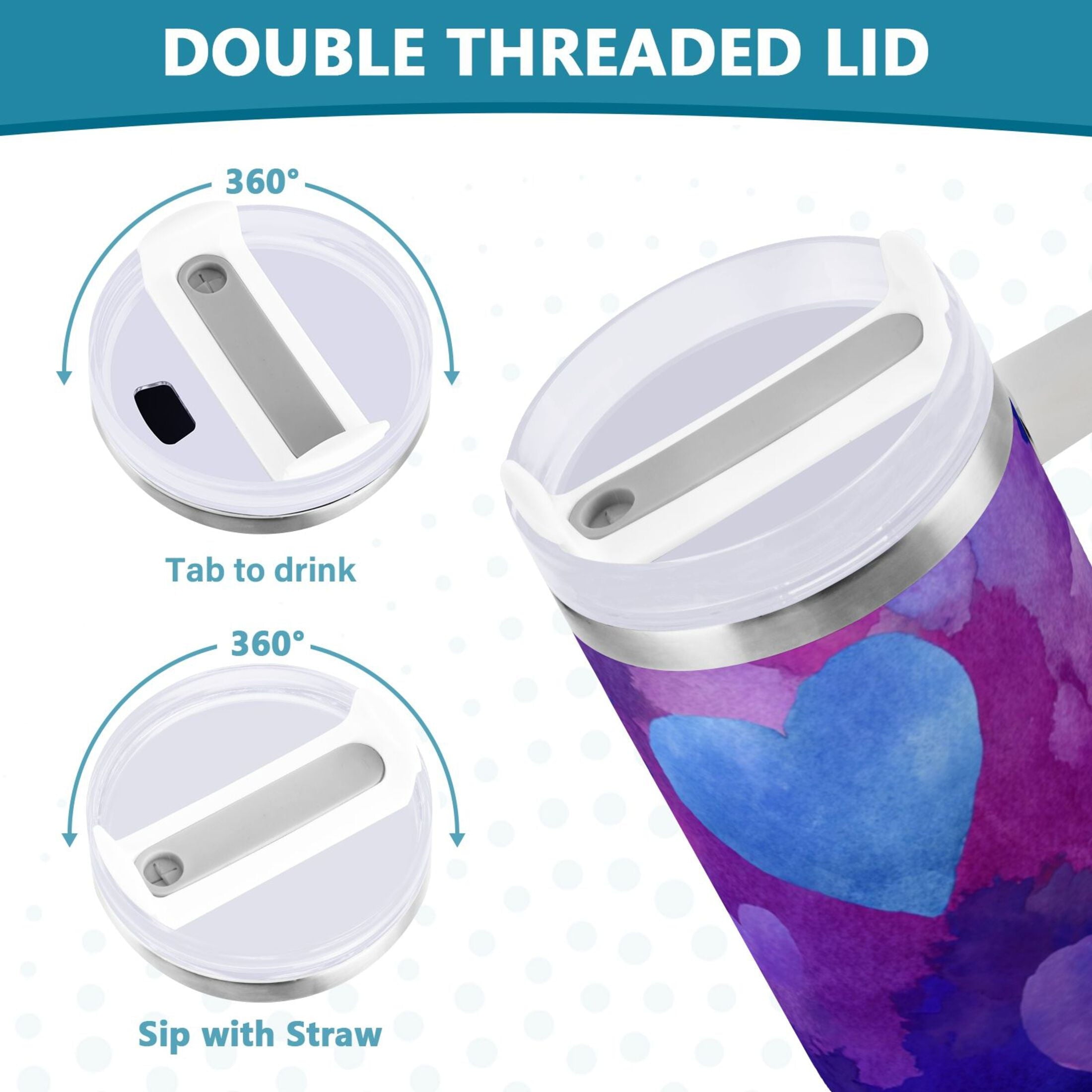 30 oz Insulated Stainless Steel Tumbler Double Wall Stainless Steel Tumbler with 2-Way Drinking Indigo and Violet Hearts - 25GG