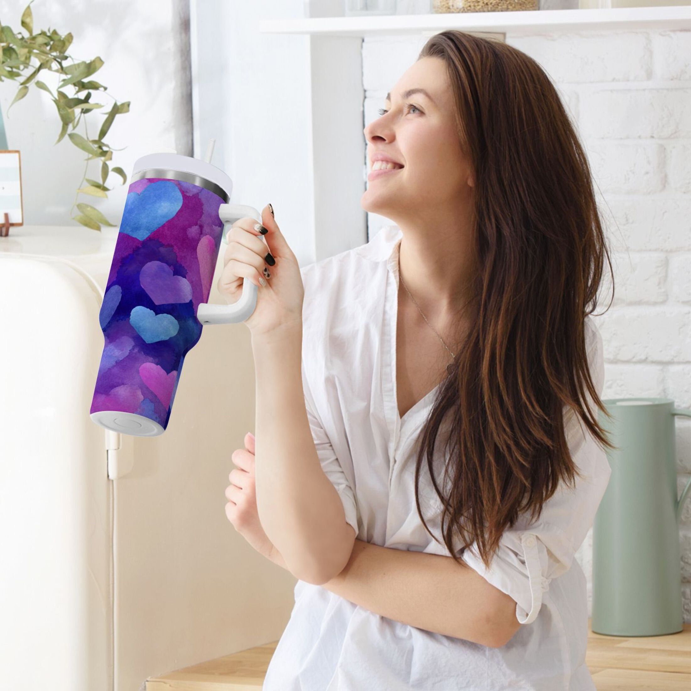 30 oz Insulated Stainless Steel Tumbler Double Wall Stainless Steel Tumbler with 2-Way Drinking Indigo and Violet Hearts - 25GG