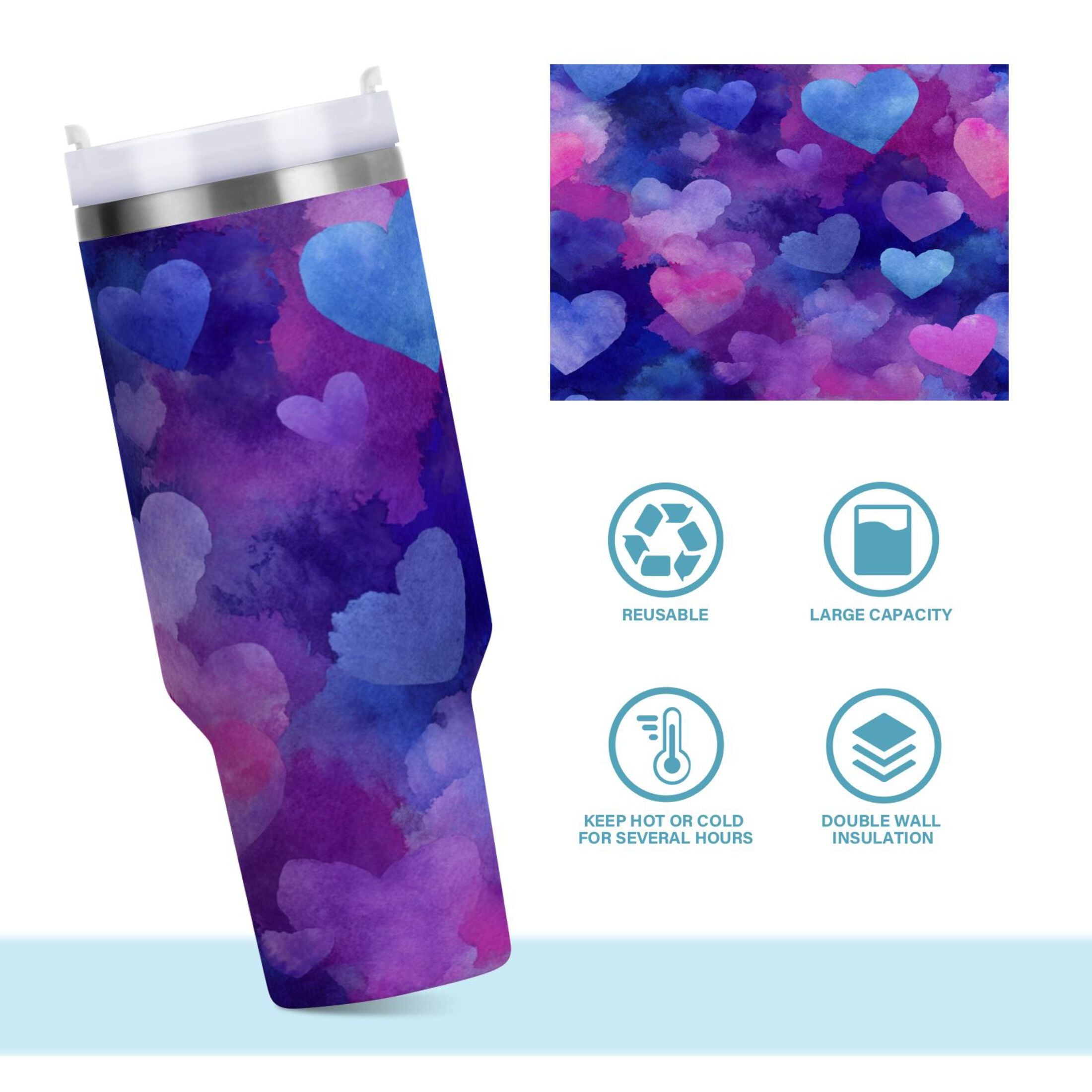 30 oz Insulated Stainless Steel Tumbler Double Wall Stainless Steel Tumbler with 2-Way Drinking Indigo and Violet Hearts - 25GG