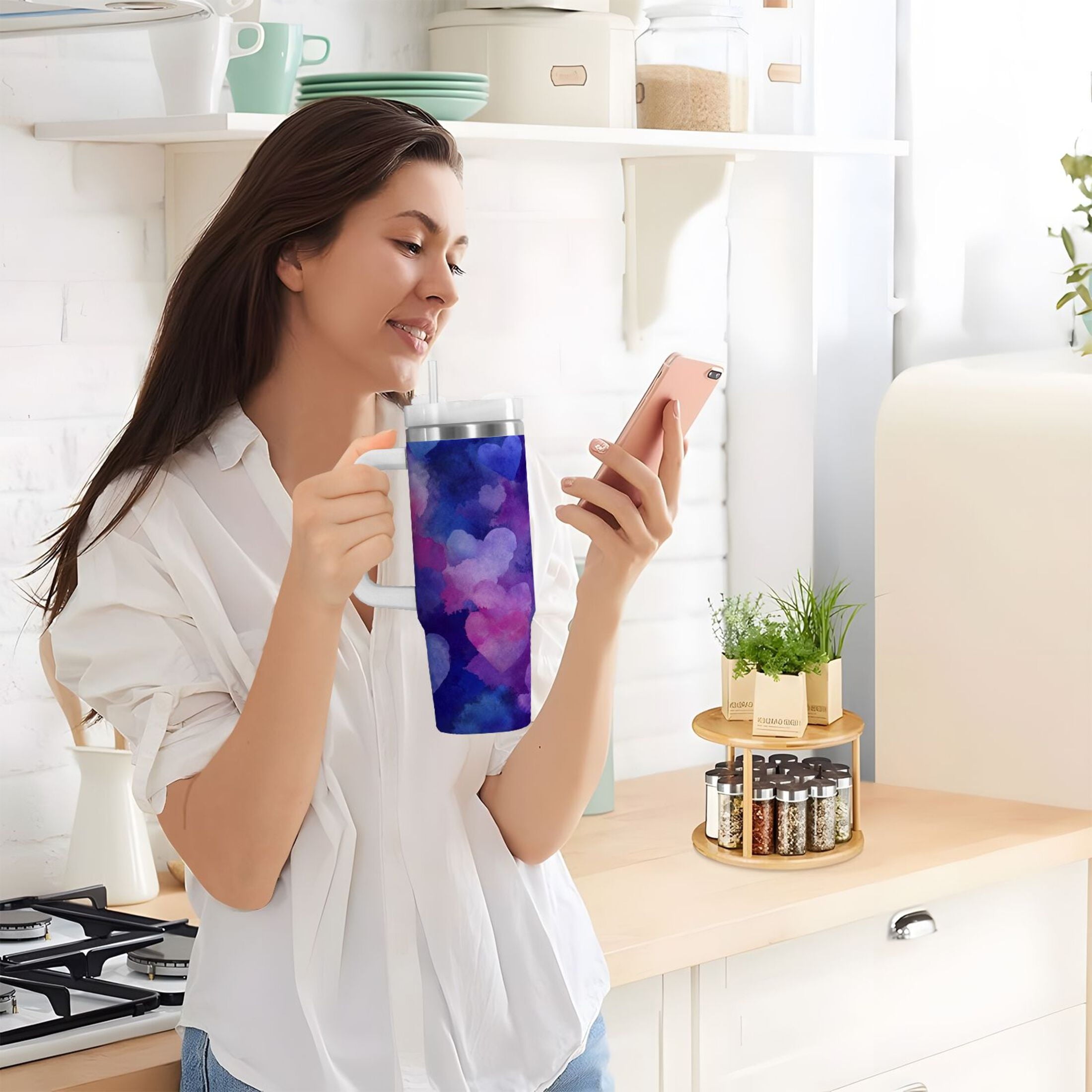 30 oz Insulated Stainless Steel Tumbler Double Wall Stainless Steel Tumbler with 2-Way Drinking Indigo and Violet Hearts - 25GG