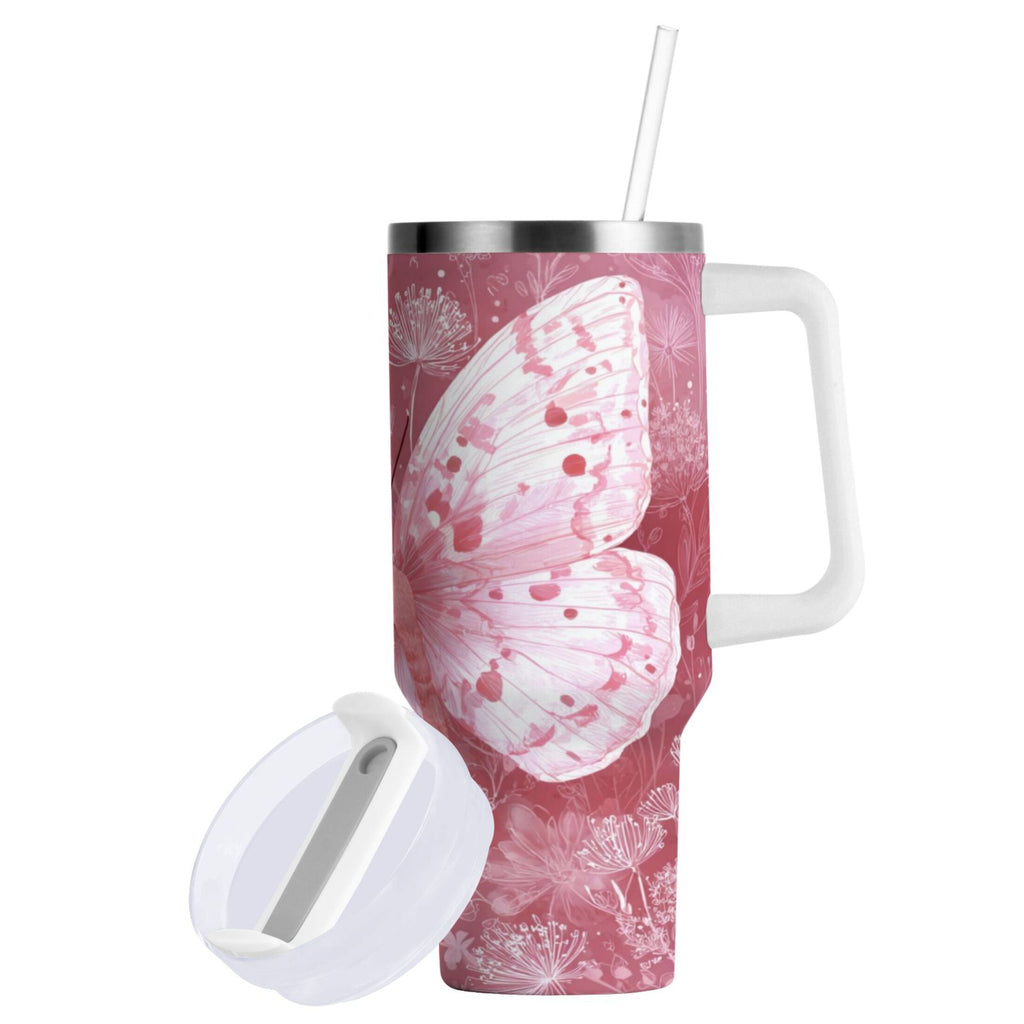30 oz Insulated Stainless Steel Tumbler Double Wall Stainless Steel Tumbler with 2-Way Drinking Soft Pink Butterfly - CERX