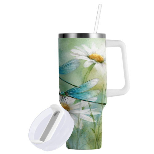 30 oz Insulated Stainless Steel Tumbler Double Wall Stainless Steel Tumbler with 2-Way Drinking Beautiful Dragonflies and Daisies - H496