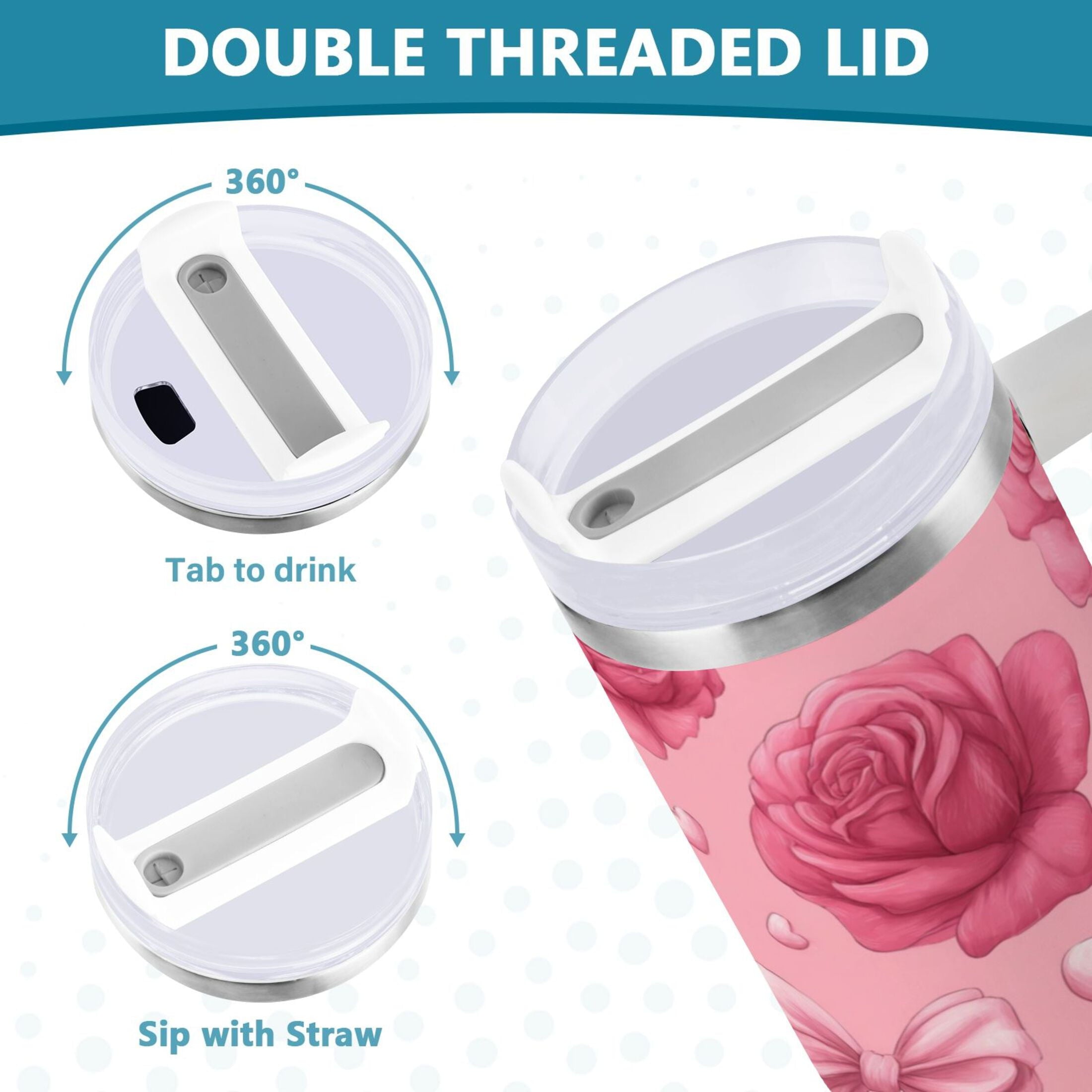40 oz Insulated Stainless Steel Tumbler Double Wall Stainless Steel Tumbler with 2-Way Drinking Roses and Bows Pattern - C9RS