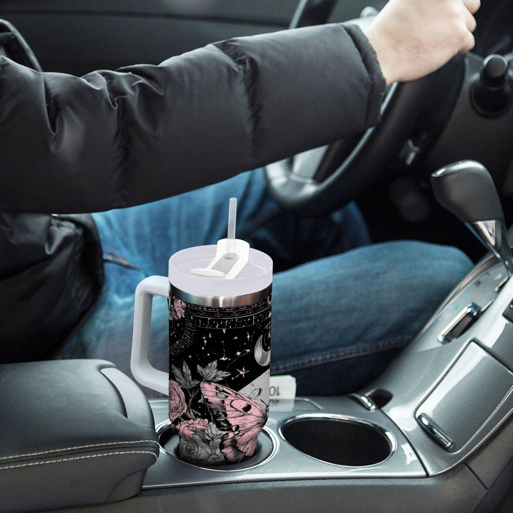 30 oz Insulated Stainless Steel Tumbler Double Wall Stainless Steel Tumbler with 2-Way Drinking Butterfly by Moon and Flowers - 2MDV