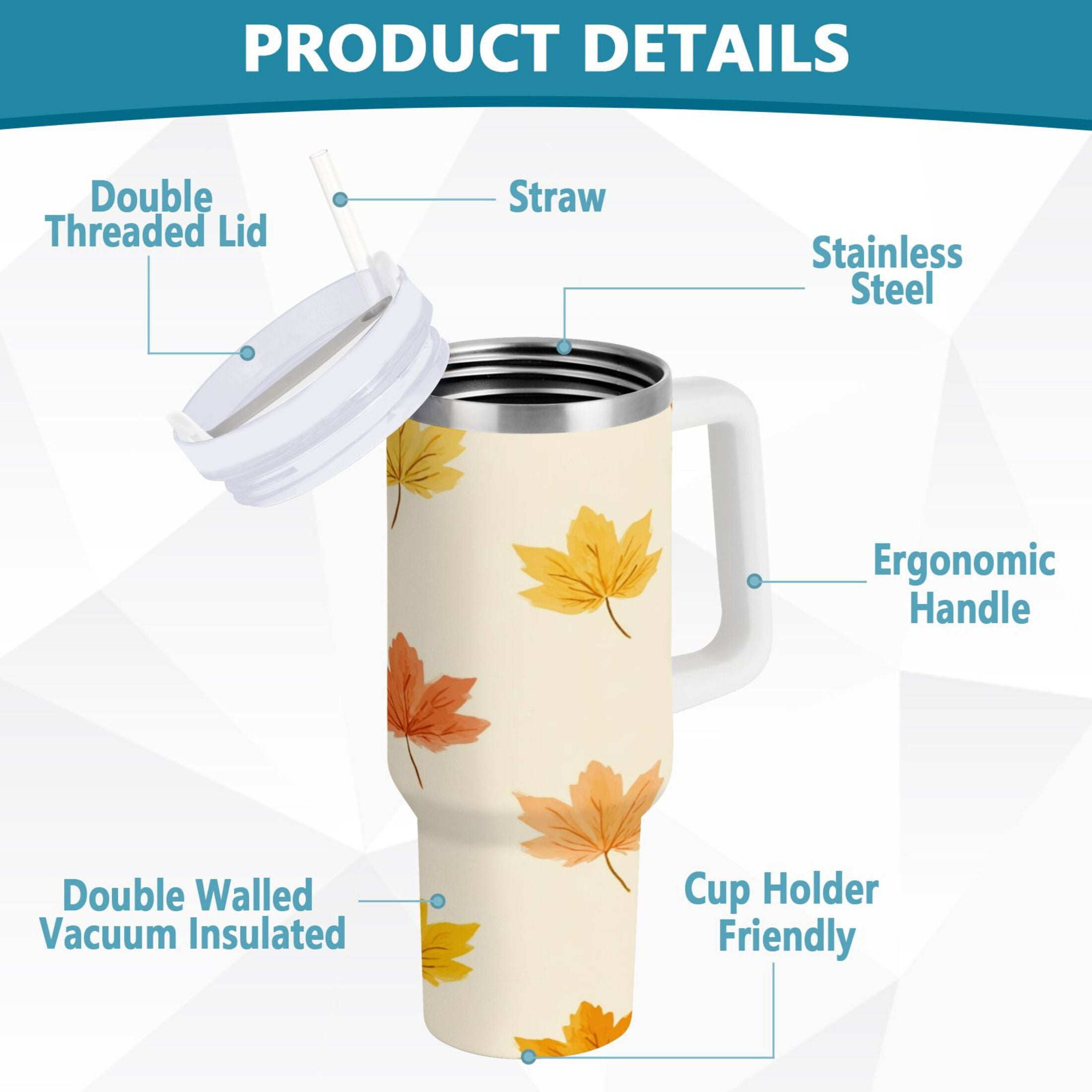 40 oz Insulated Stainless Steel Tumbler Double Wall Stainless Steel Tumbler with 2-Way Drinking Yellow Maple Leaves Pattern - AGB3