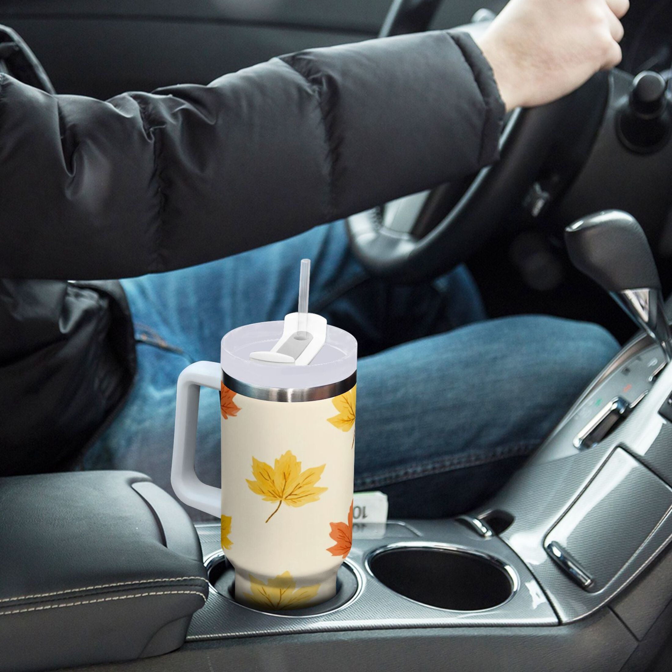 40 oz Insulated Stainless Steel Tumbler Double Wall Stainless Steel Tumbler with 2-Way Drinking Yellow Maple Leaves Pattern - AGB3