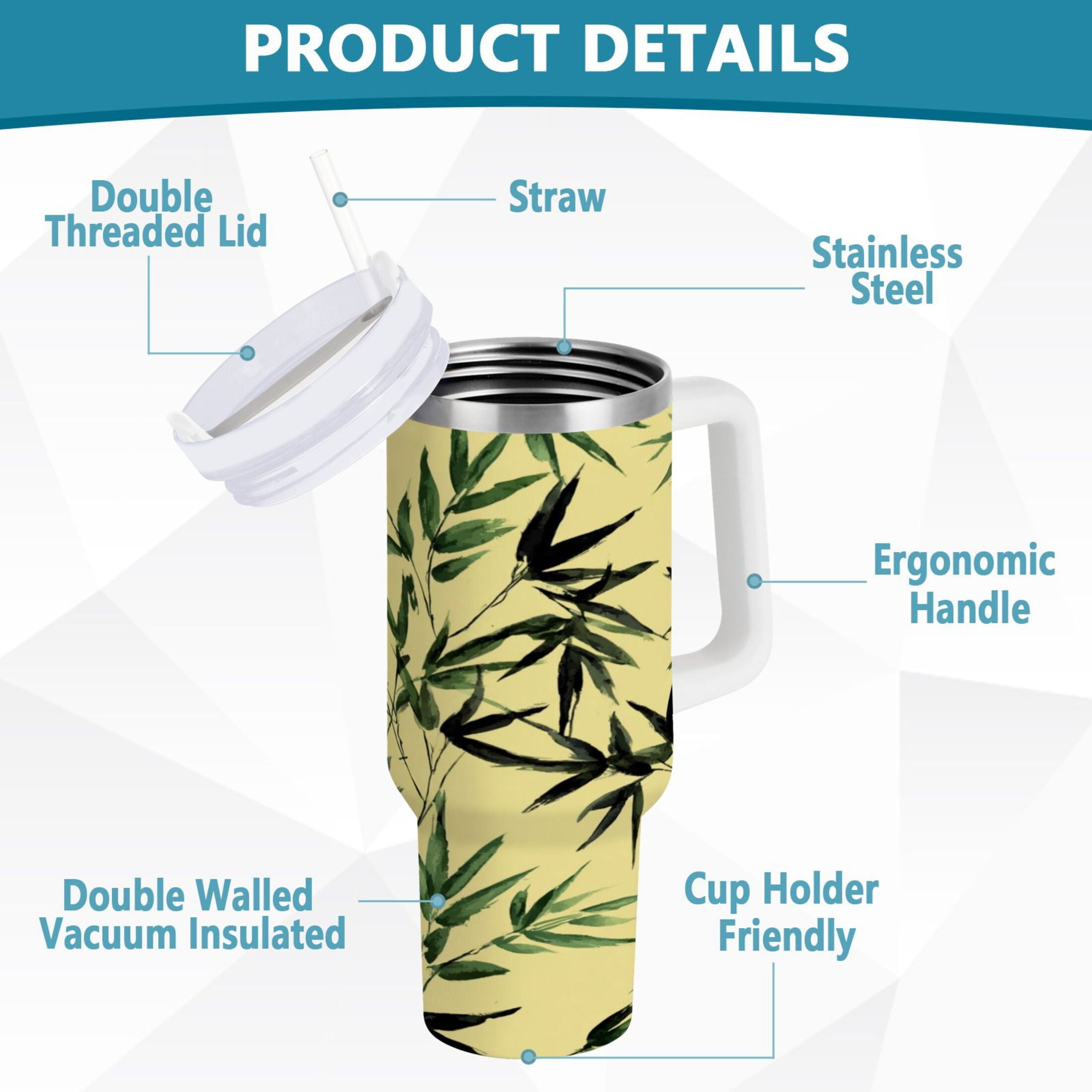 30 oz Insulated Stainless Steel Tumbler Double Wall Stainless Steel Tumbler with 2-Way Drinking Bamboo and Green Leaves - 9ZP9