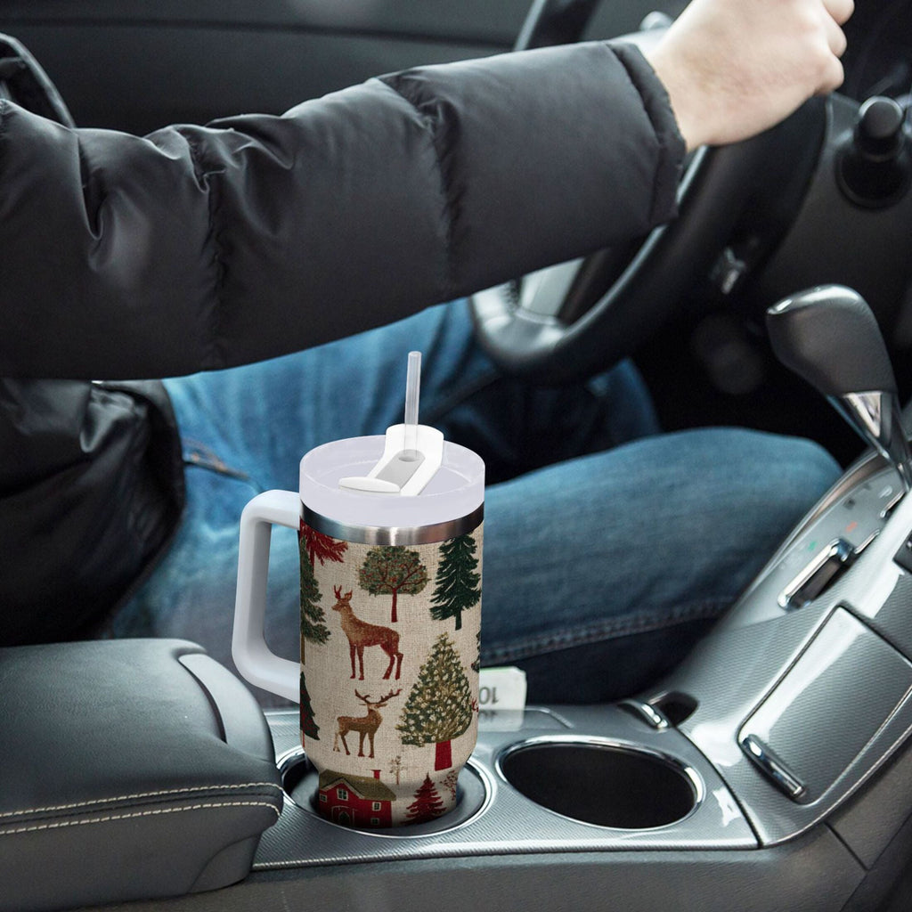 30 oz Insulated Stainless Steel Tumbler Double Wall Stainless Steel Tumbler with 2-Way Drinking Christmas Trees Deer and Houses - 84CJ