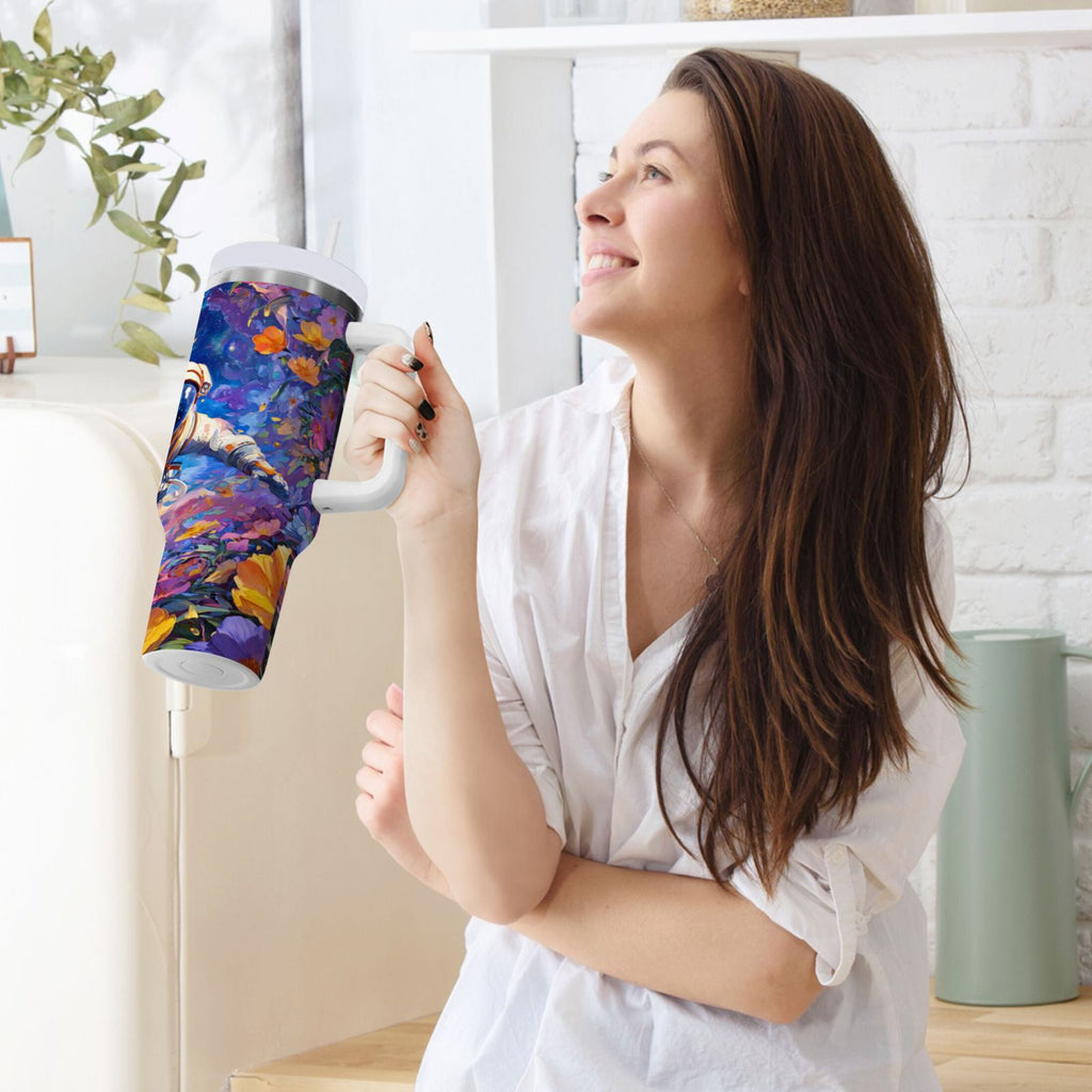 40 oz Insulated Stainless Steel Tumbler Double Wall Stainless Steel Tumbler with 2-Way Drinking Astronaut and Colorful Flowers - YVWD
