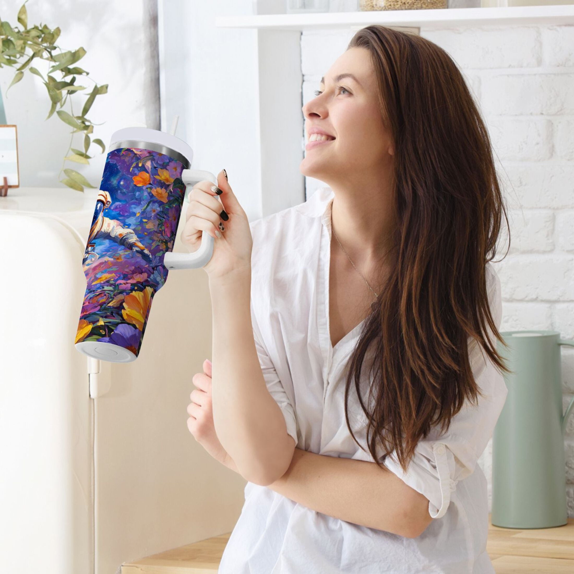40 oz Insulated Stainless Steel Tumbler Double Wall Stainless Steel Tumbler with 2-Way Drinking Astronaut and Colorful Flowers - YVWD