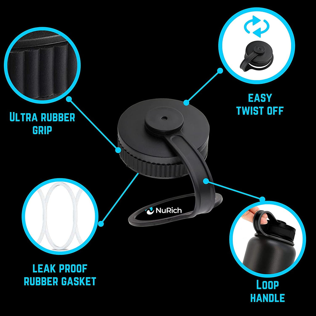 NuRich Loop Top Lid for Wide Mouth Hydro Flask, Nalgene &amp; Simple Water Bottles - D8G4