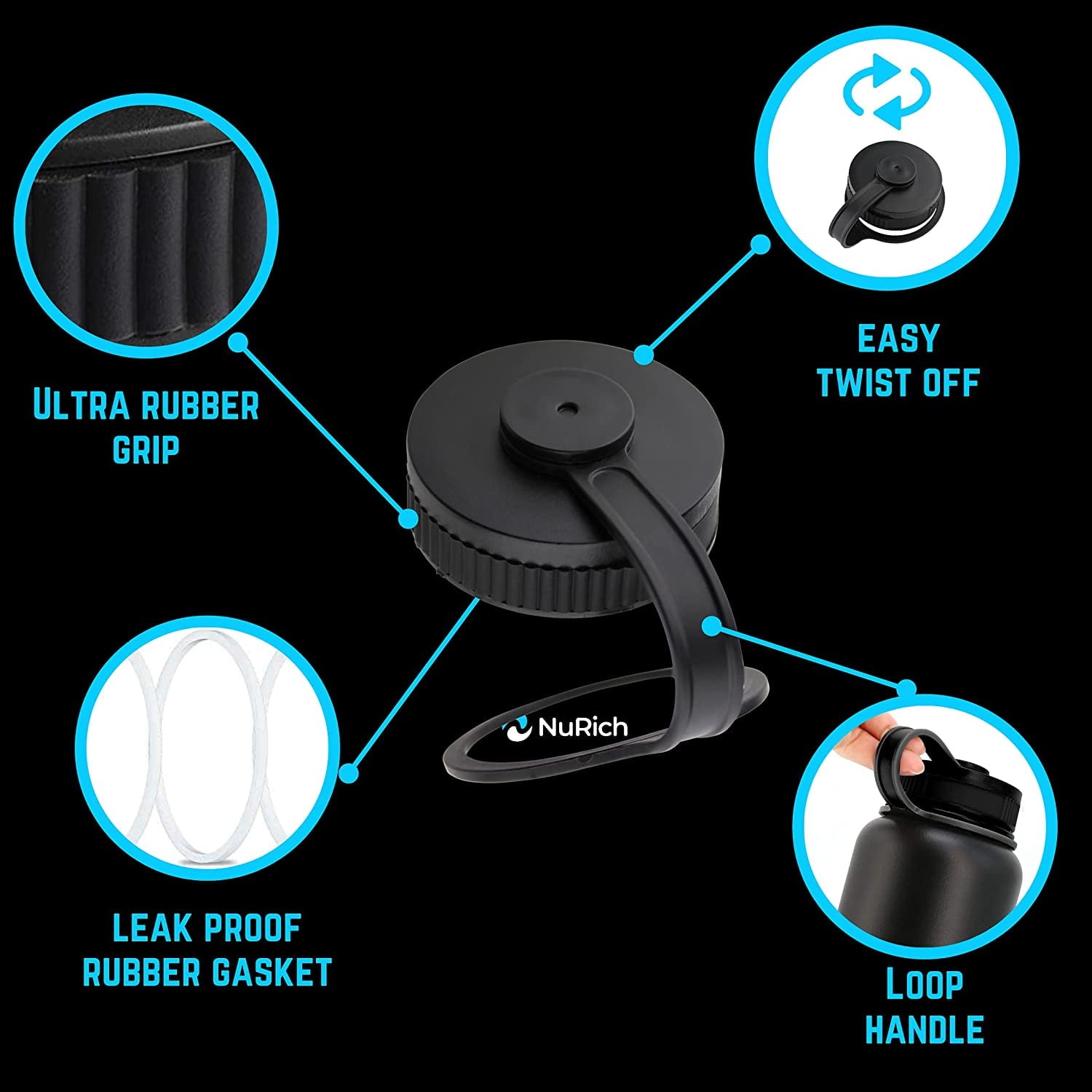 NuRich Loop Top Lid for Wide Mouth Hydro Flask, Nalgene &amp; Simple Water Bottles - D8G4