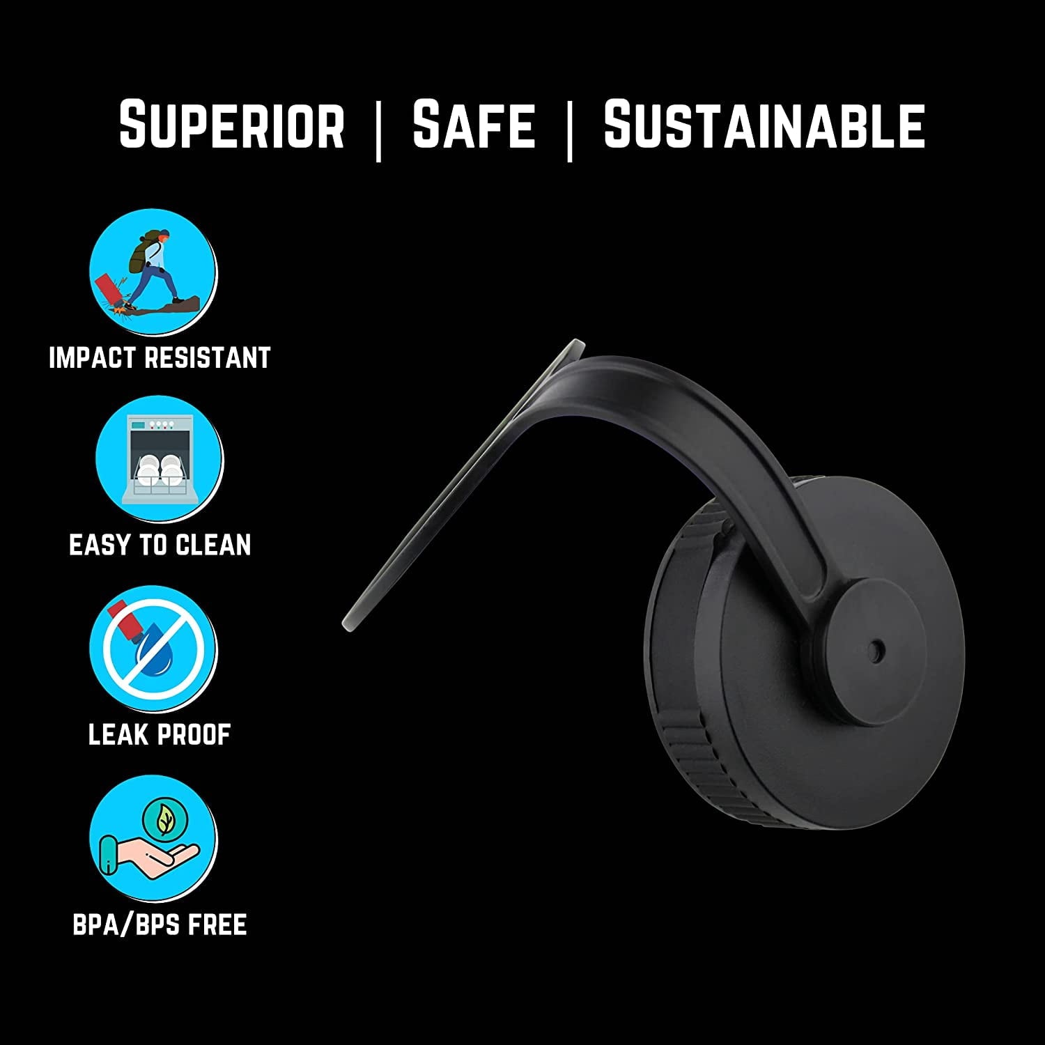 NuRich Loop Top Lid for Wide Mouth Hydro Flask, Nalgene &amp; Simple Water Bottles - D8G4