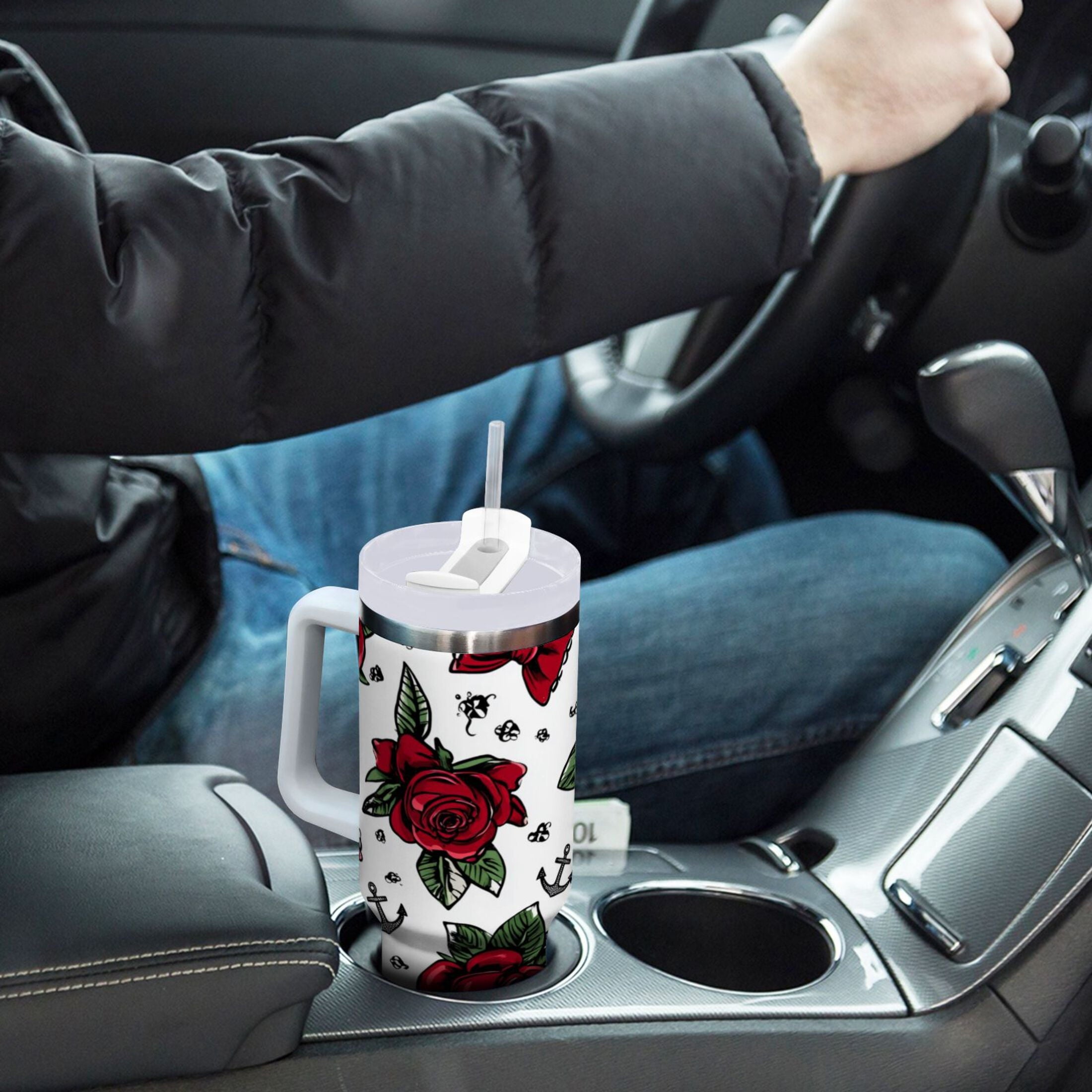 40 oz Insulated Stainless Steel Tumbler Double Wall Stainless Steel Tumbler with 2-Way Drinking Red Roses and Cherries - CWCE