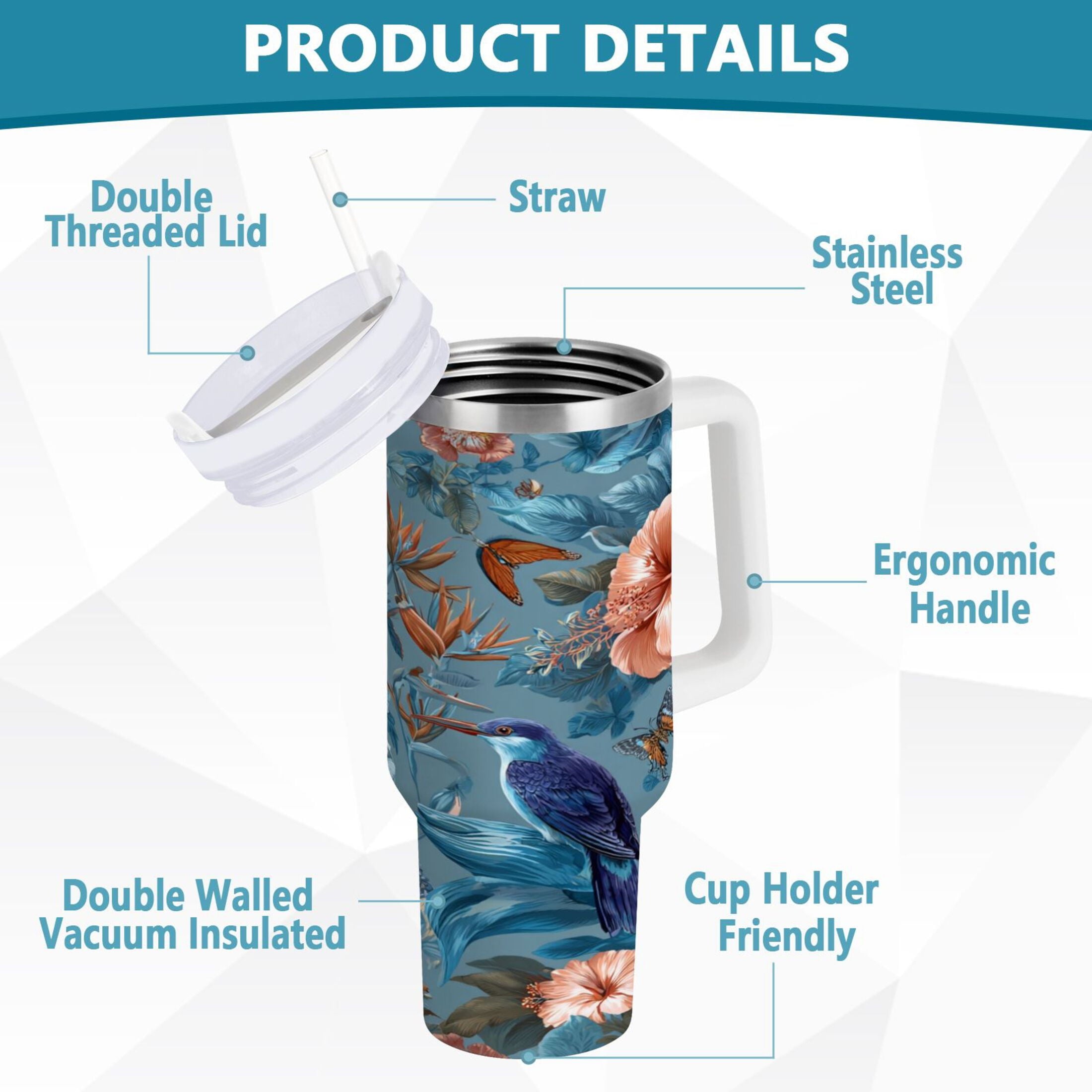 30 oz Insulated Stainless Steel Tumbler Double Wall Stainless Steel Tumbler with 2-Way Drinking Birds and Flowers - PWSL