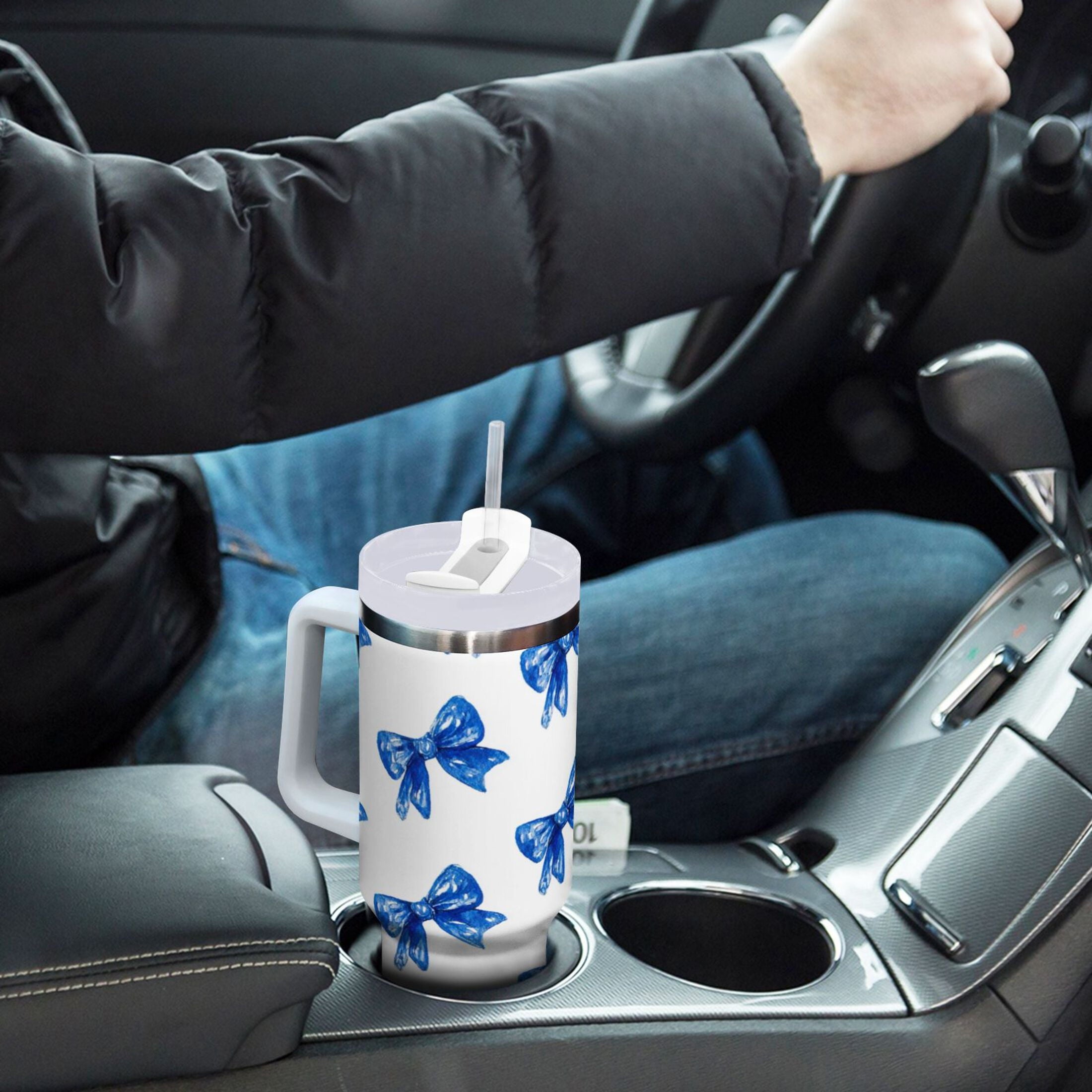 30 oz Insulated Stainless Steel Tumbler Double Wall Stainless Steel Tumbler with 2-Way Drinking Blue Bows Pattern - AZAX