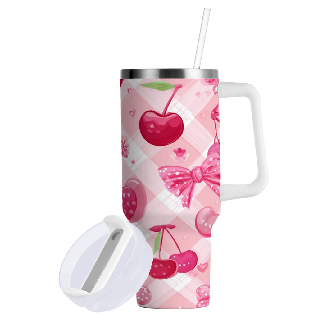 30 oz Insulated Stainless Steel Tumbler Double Wall Stainless Steel Tumbler with 2-Way Drinking Cherry and Pink Bow Pattern - MRZL