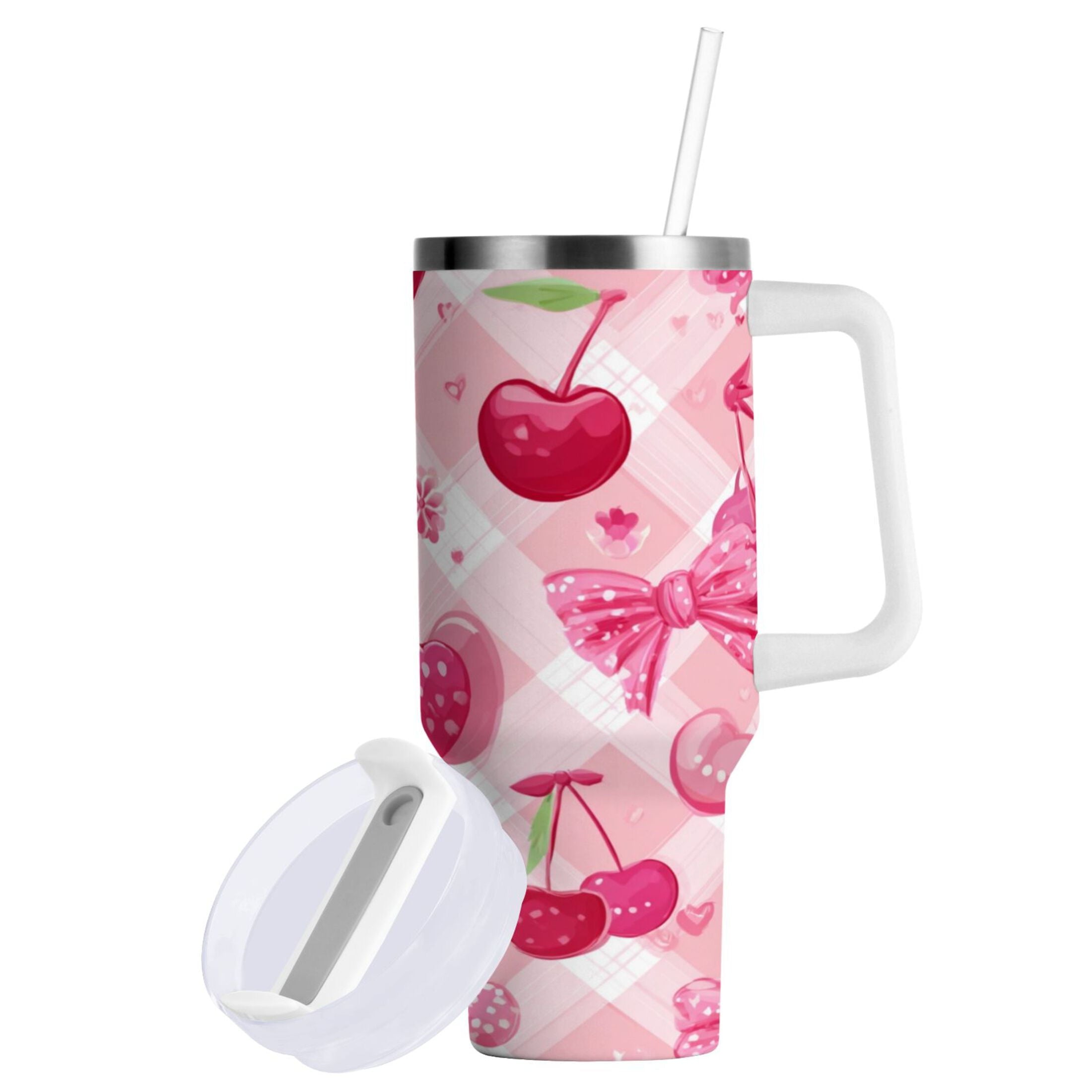 30 oz Insulated Stainless Steel Tumbler Double Wall Stainless Steel Tumbler with 2-Way Drinking Cherry and Pink Bow Pattern - MRZL