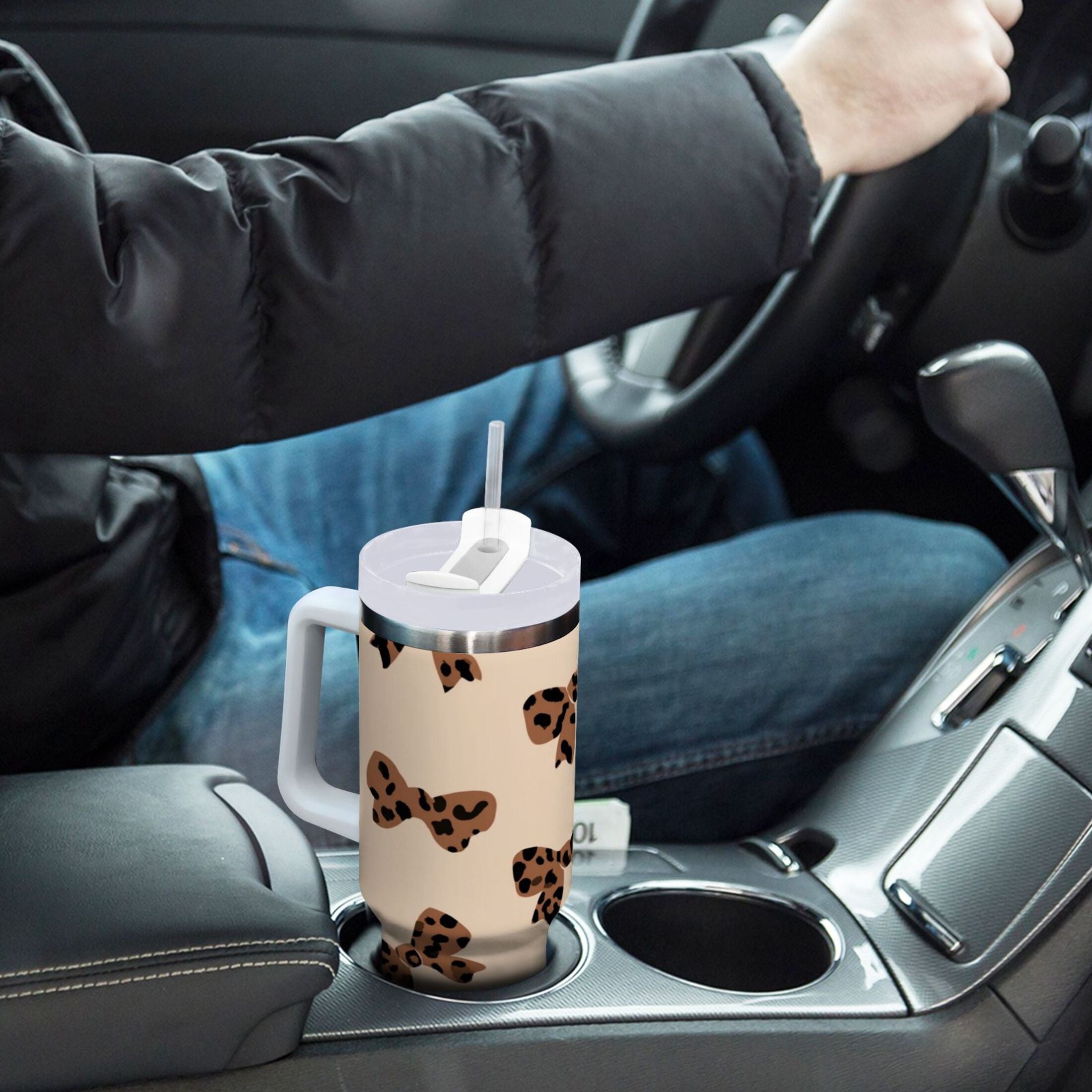 30 oz Insulated Stainless Steel Tumbler Double Wall Stainless Steel Tumbler with 2-Way Drinking Cute Brown Bow - NETE
