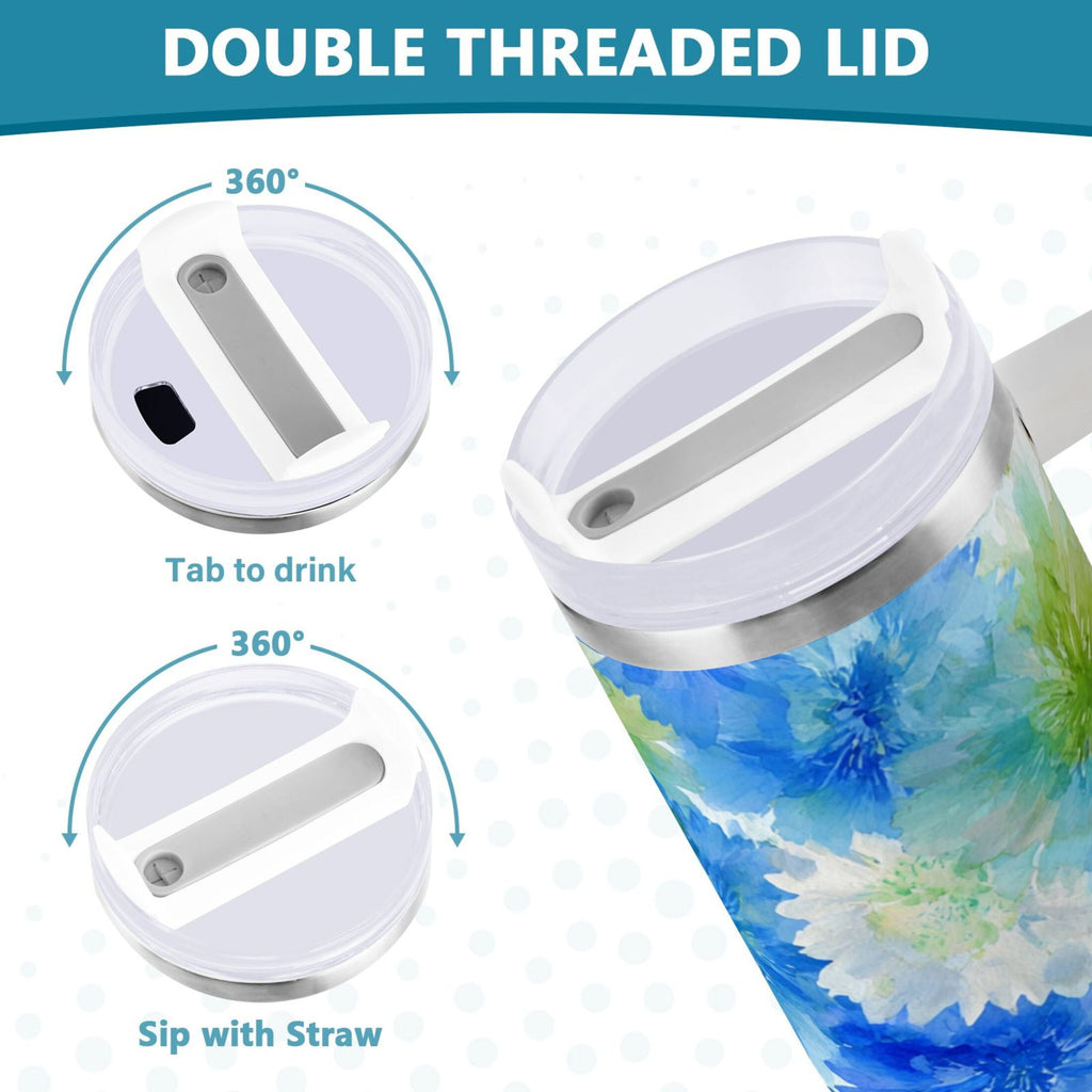 40 oz Insulated Stainless Steel Tumbler Double Wall Stainless Steel Tumbler with 2-Way Drinking Watercolor Blue Cornflowers - 475G