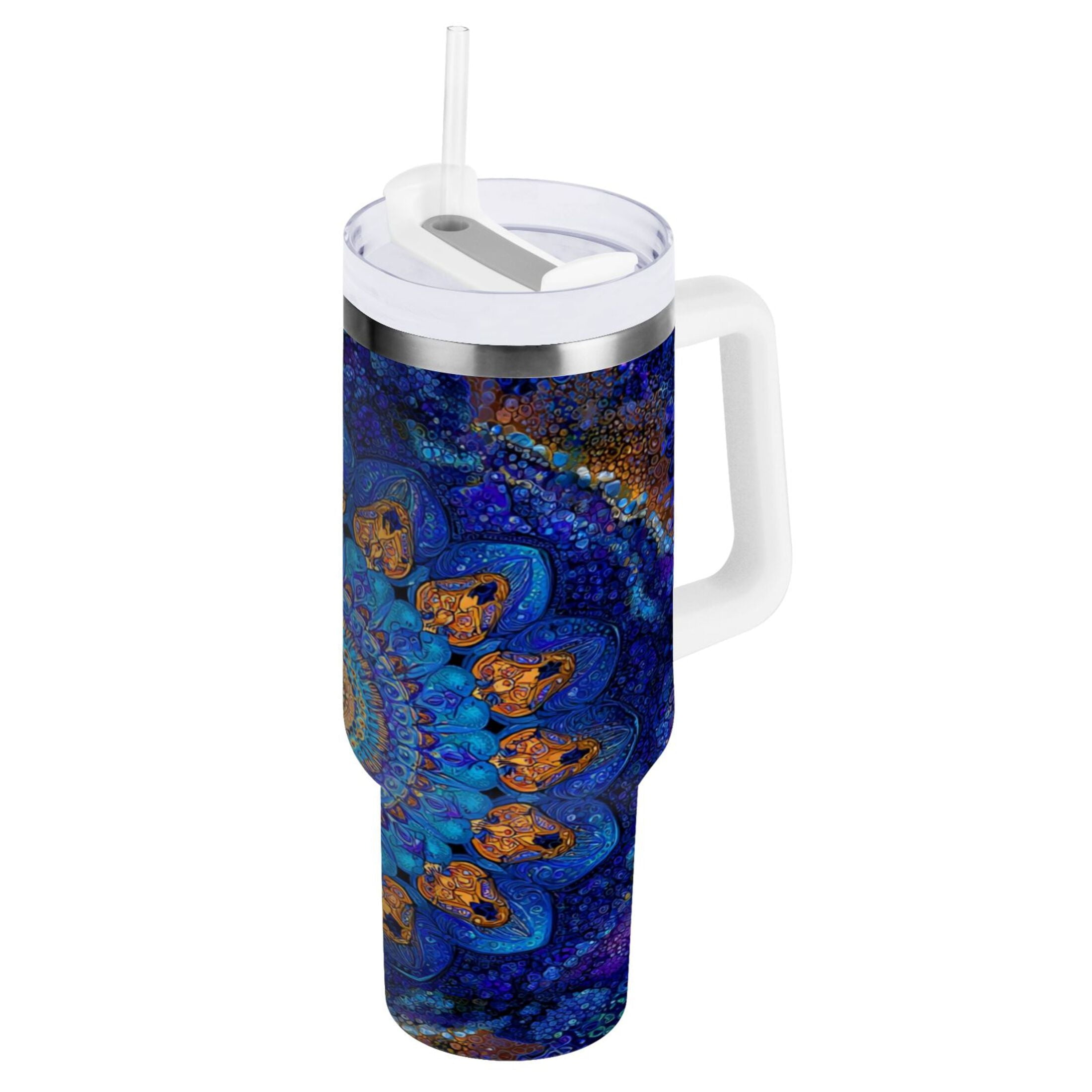 30 oz Insulated Stainless Steel Tumbler Double Wall Stainless Steel Tumbler with 2-Way Drinking Blue Kaleidoscopic Pattern - 9WLE