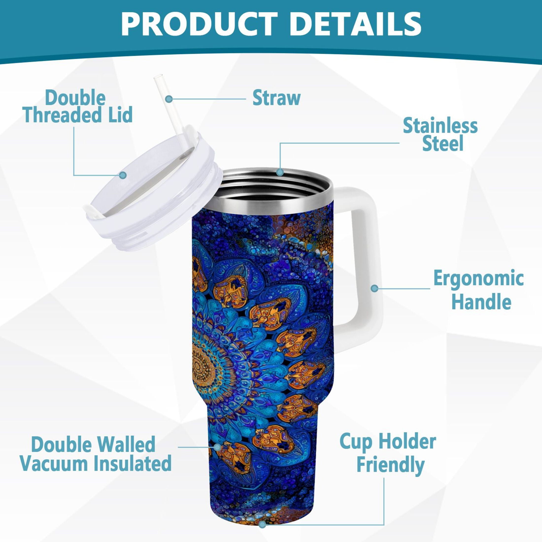 30 oz Insulated Stainless Steel Tumbler Double Wall Stainless Steel Tumbler with 2-Way Drinking Blue Kaleidoscopic Pattern - 9WLE