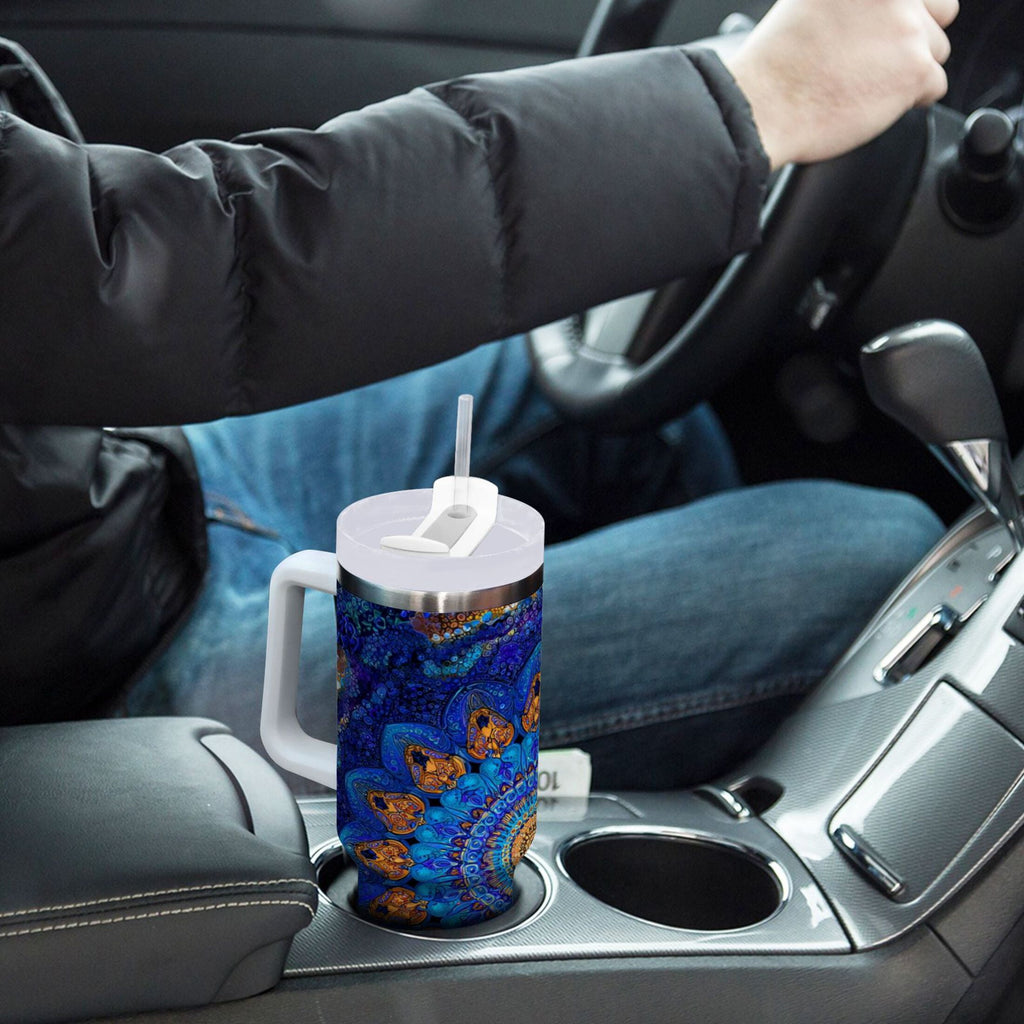 30 oz Insulated Stainless Steel Tumbler Double Wall Stainless Steel Tumbler with 2-Way Drinking Blue Kaleidoscopic Pattern - 9WLE