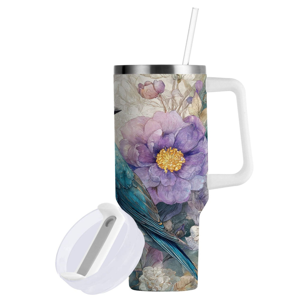 30 oz Insulated Stainless Steel Tumbler Double Wall Stainless Steel Tumbler with 2-Way Drinking Bluebird and Flower - M4U3