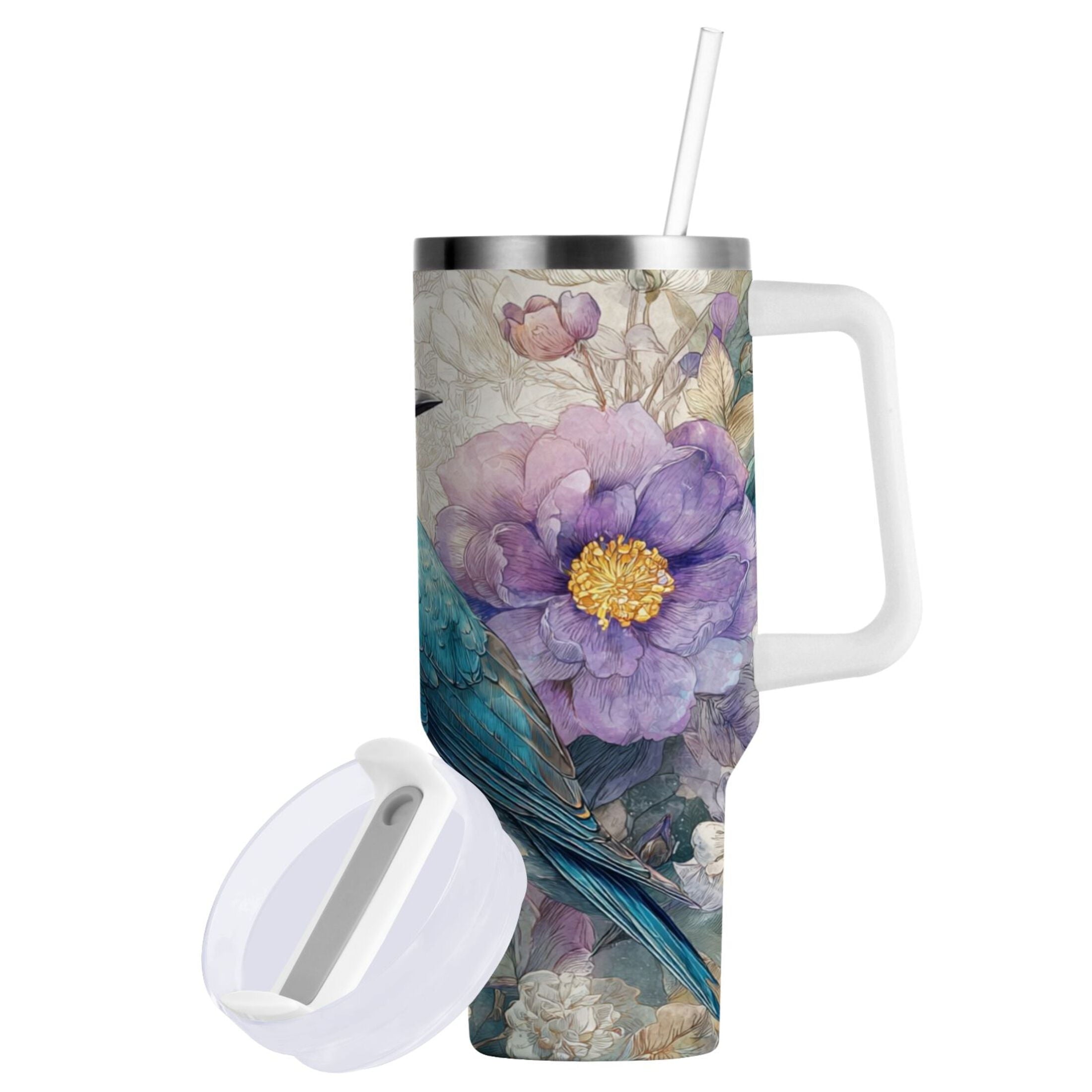 30 oz Insulated Stainless Steel Tumbler Double Wall Stainless Steel Tumbler with 2-Way Drinking Bluebird and Flower - M4U3