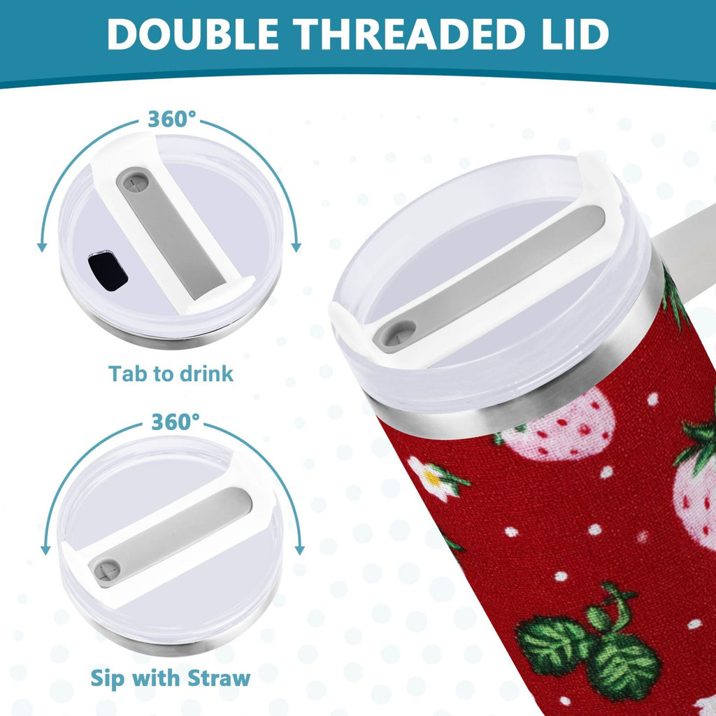 30 oz Insulated Stainless Steel Tumbler Double Wall Stainless Steel Tumbler with 2-Way Drinking Cute Pink Strawberry Pattern - L6WF